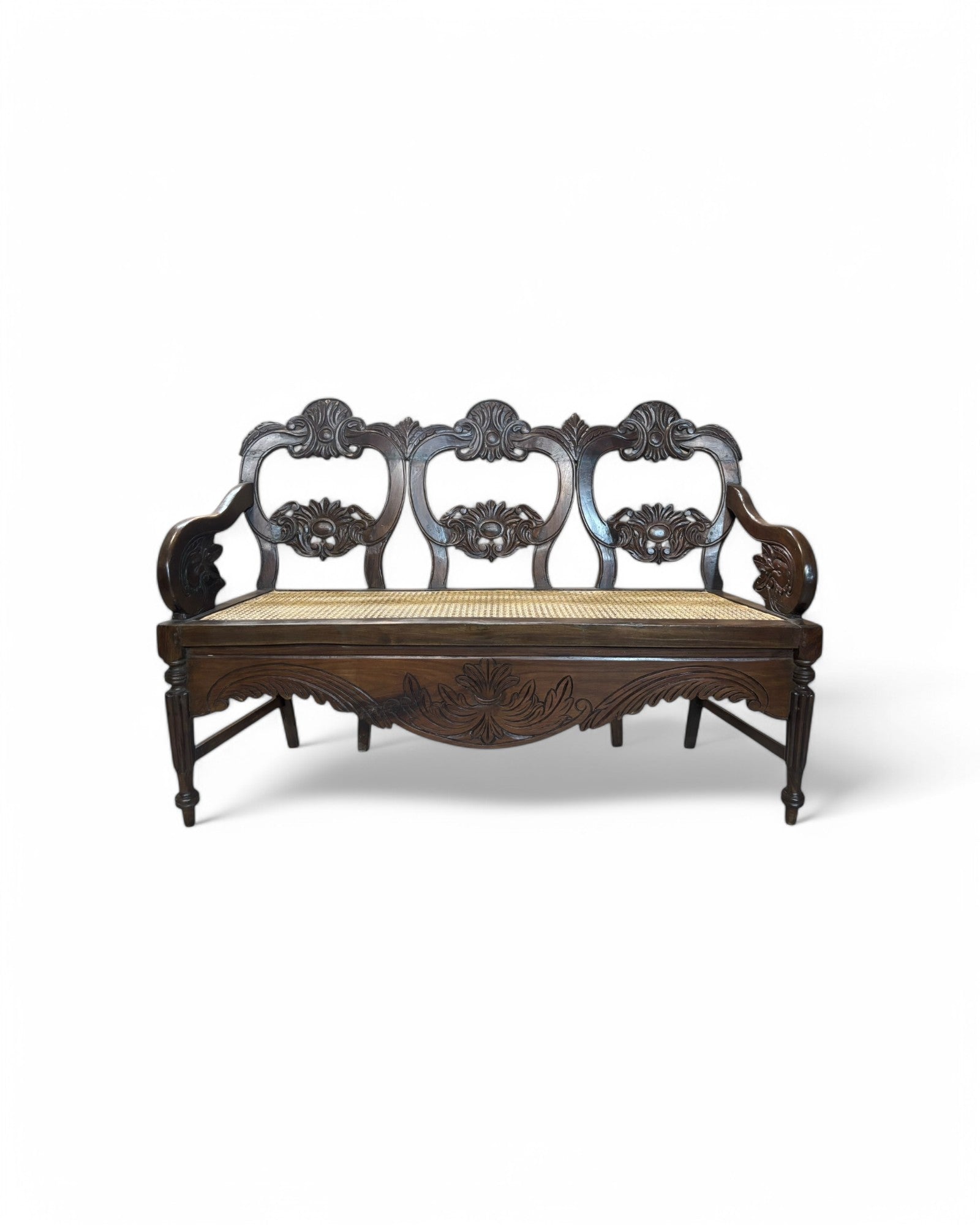 Anglo - Indian Rosewood Carved Settee Bench with Rattan Seating - Surround Living - 3