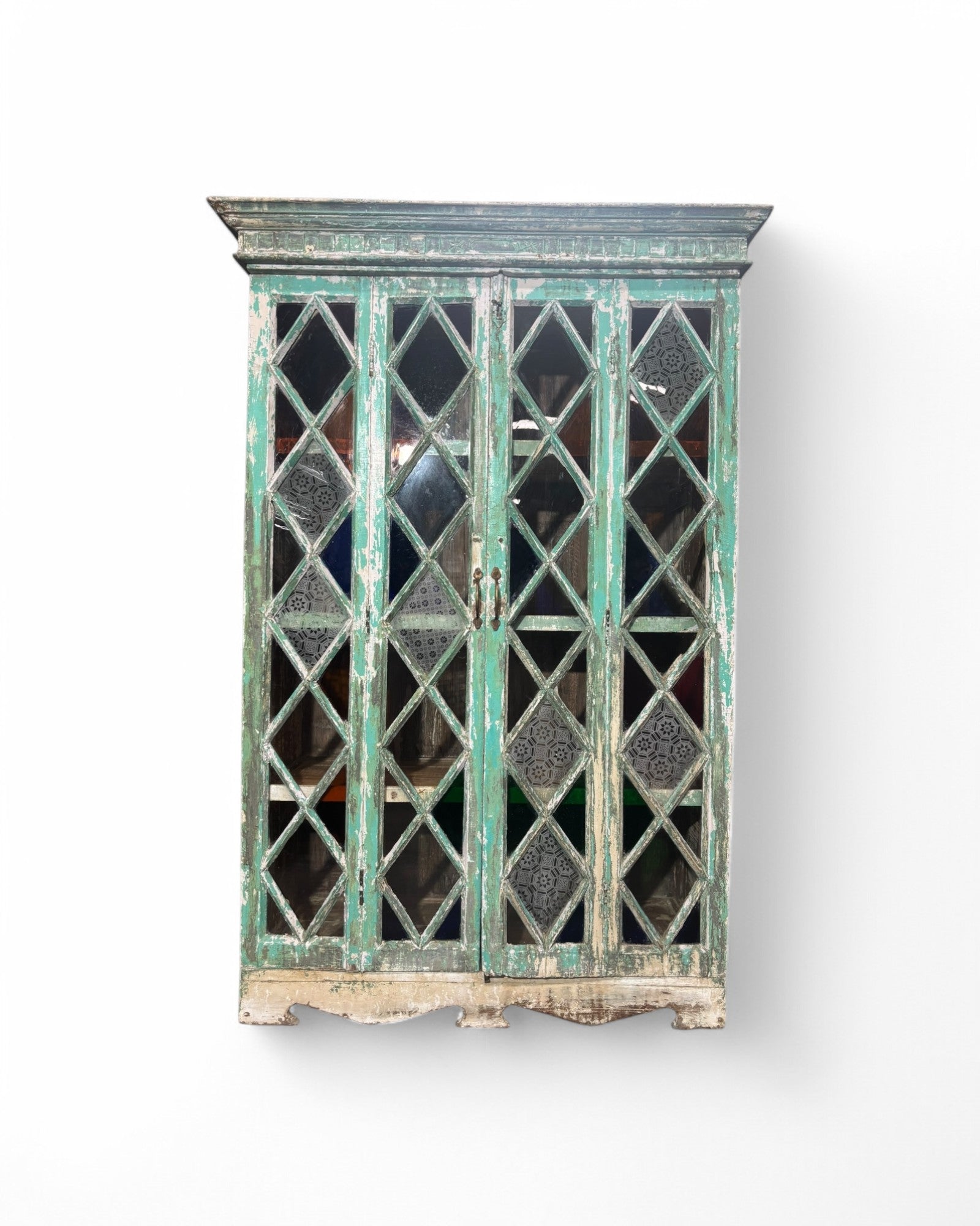 Turquoise Indian Teak Wood Almirah Cabinet with Paneled Foldable Glass Doors