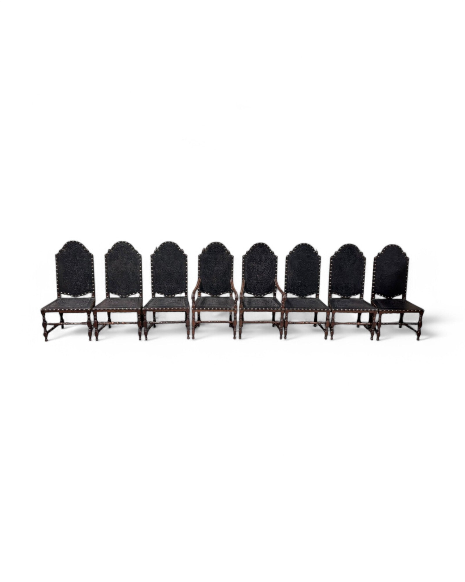 Portugese Embossed Leather Oakwood Dining Chairs - Set of 8