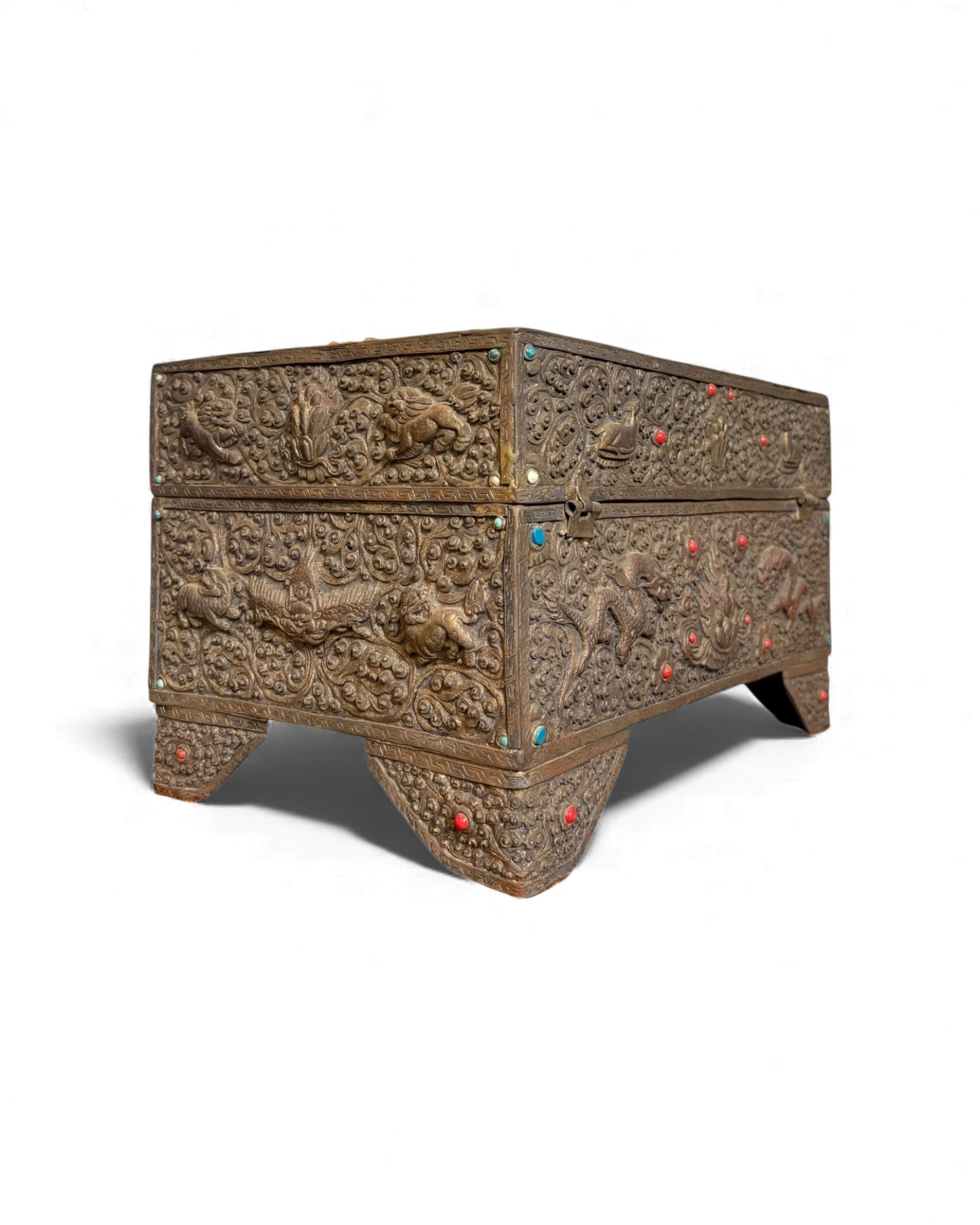 Antique Carved Burmese Chest with Gem Inlays Surround Living - 15