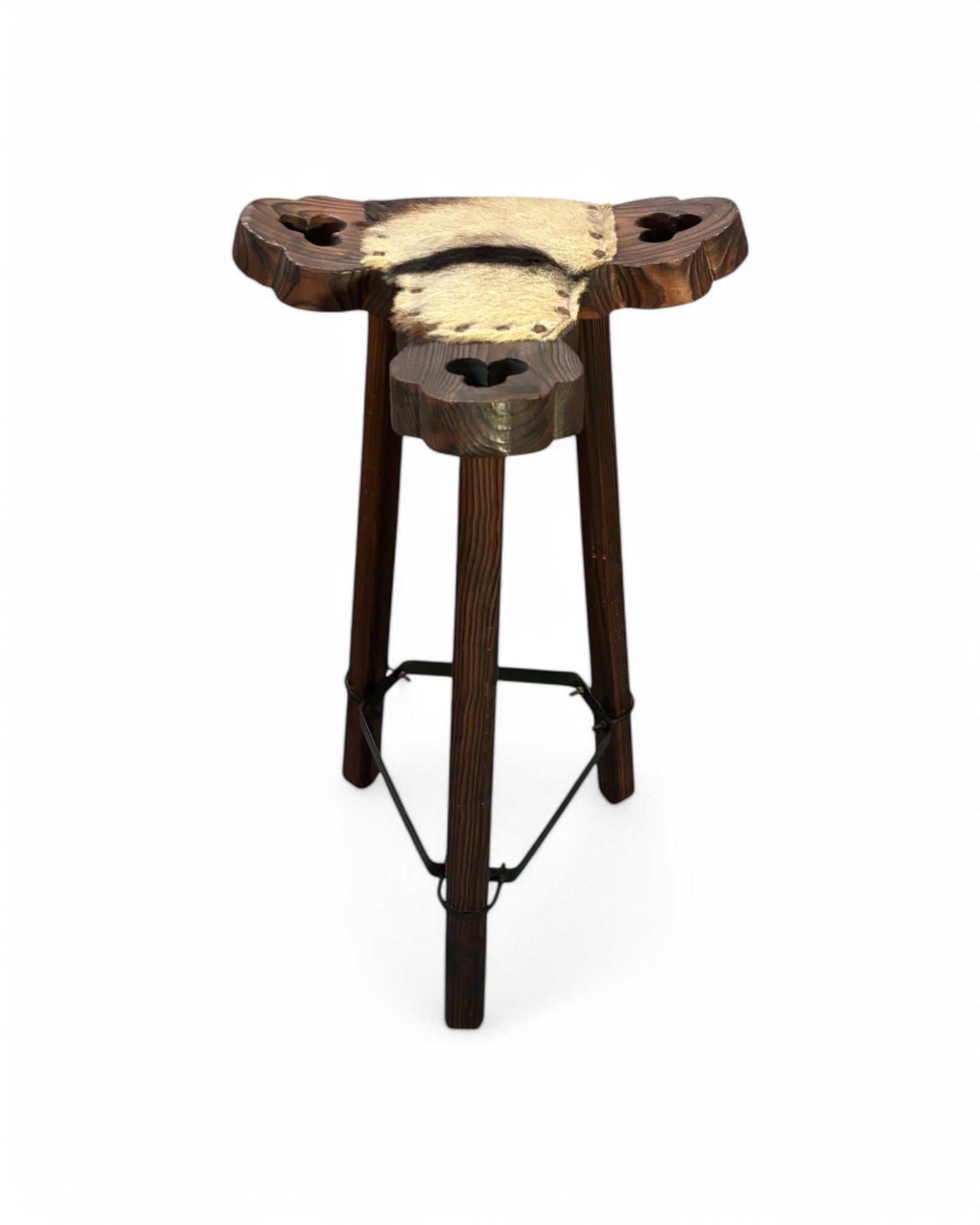Spanish Wooden Carved Brutalist Cow Hyde Bar Stool