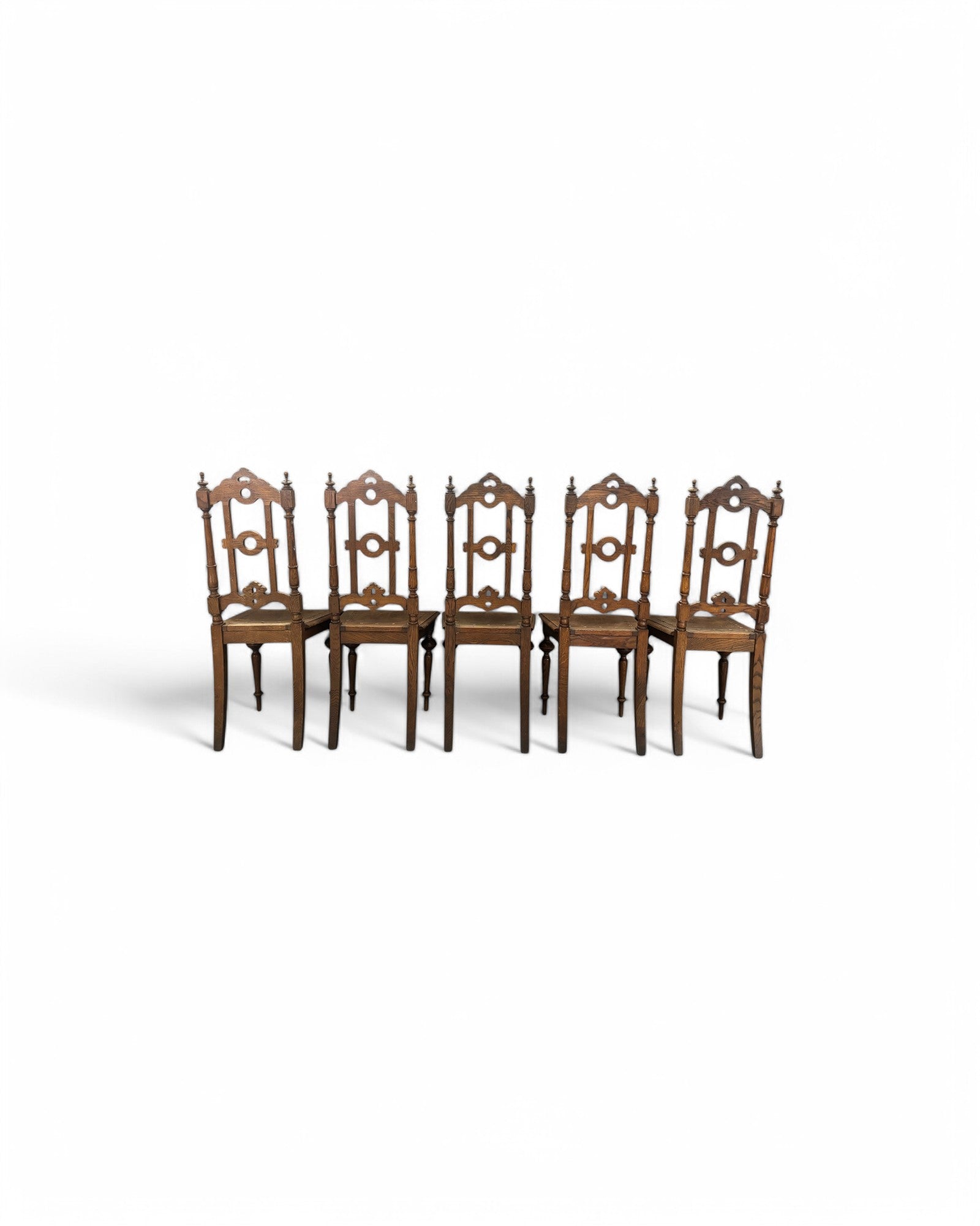 Antique Renaissance Carved Oak Cathedral Chairs - Set of 5