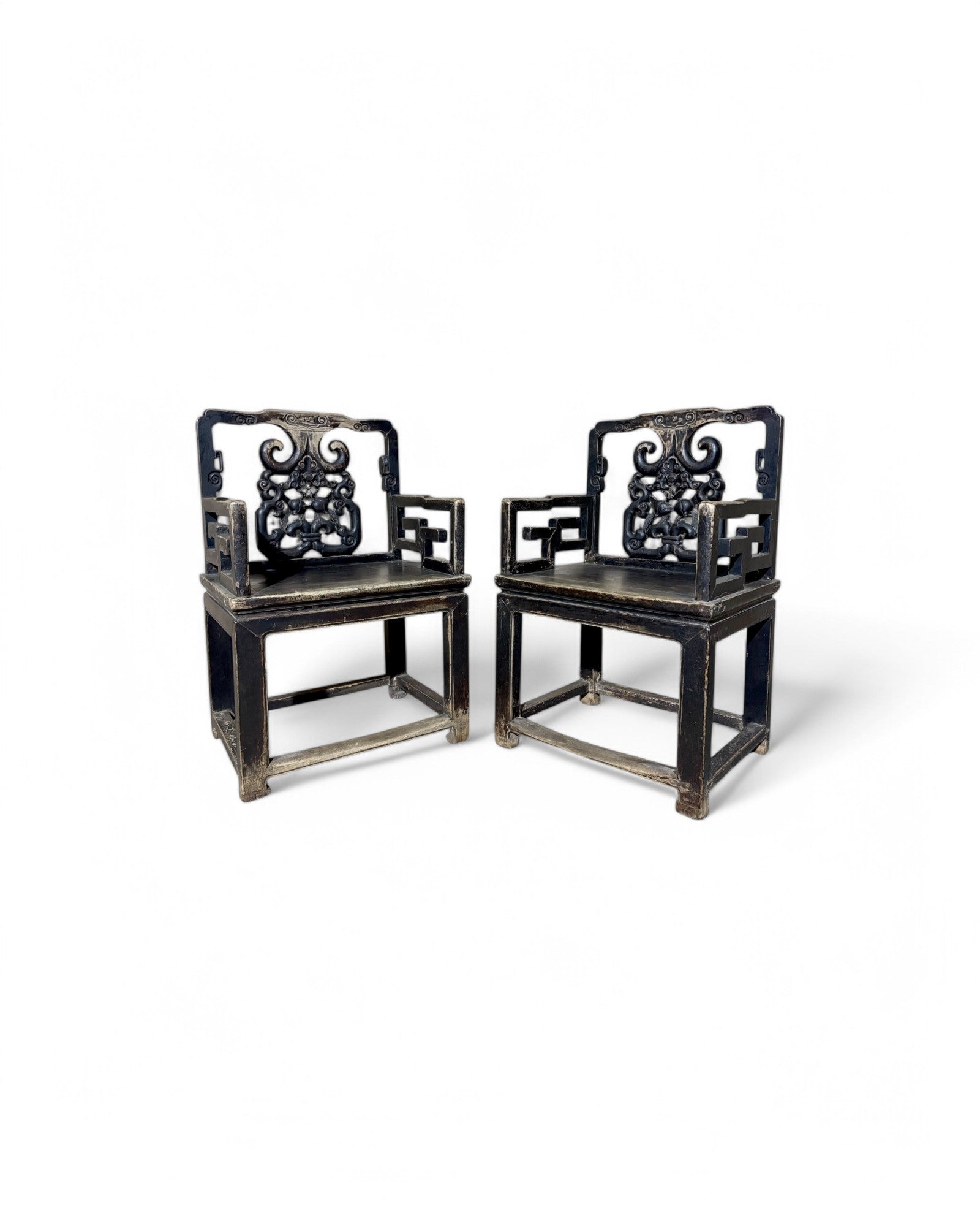 Antique Chinese Cherry Blossom Engraved Tea Chairs - Set of 2