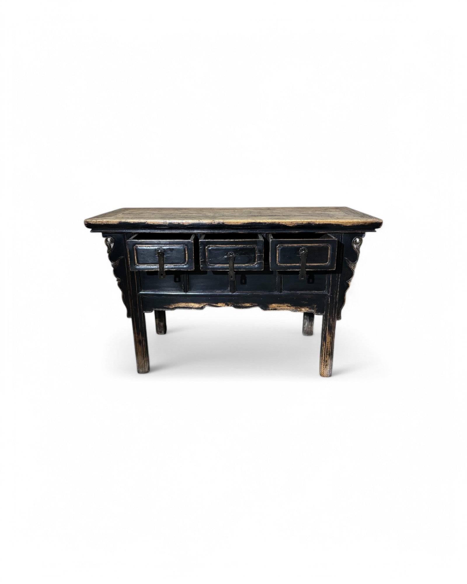 Faded Black Antique Chinese Sideboard with Tri-Drawers