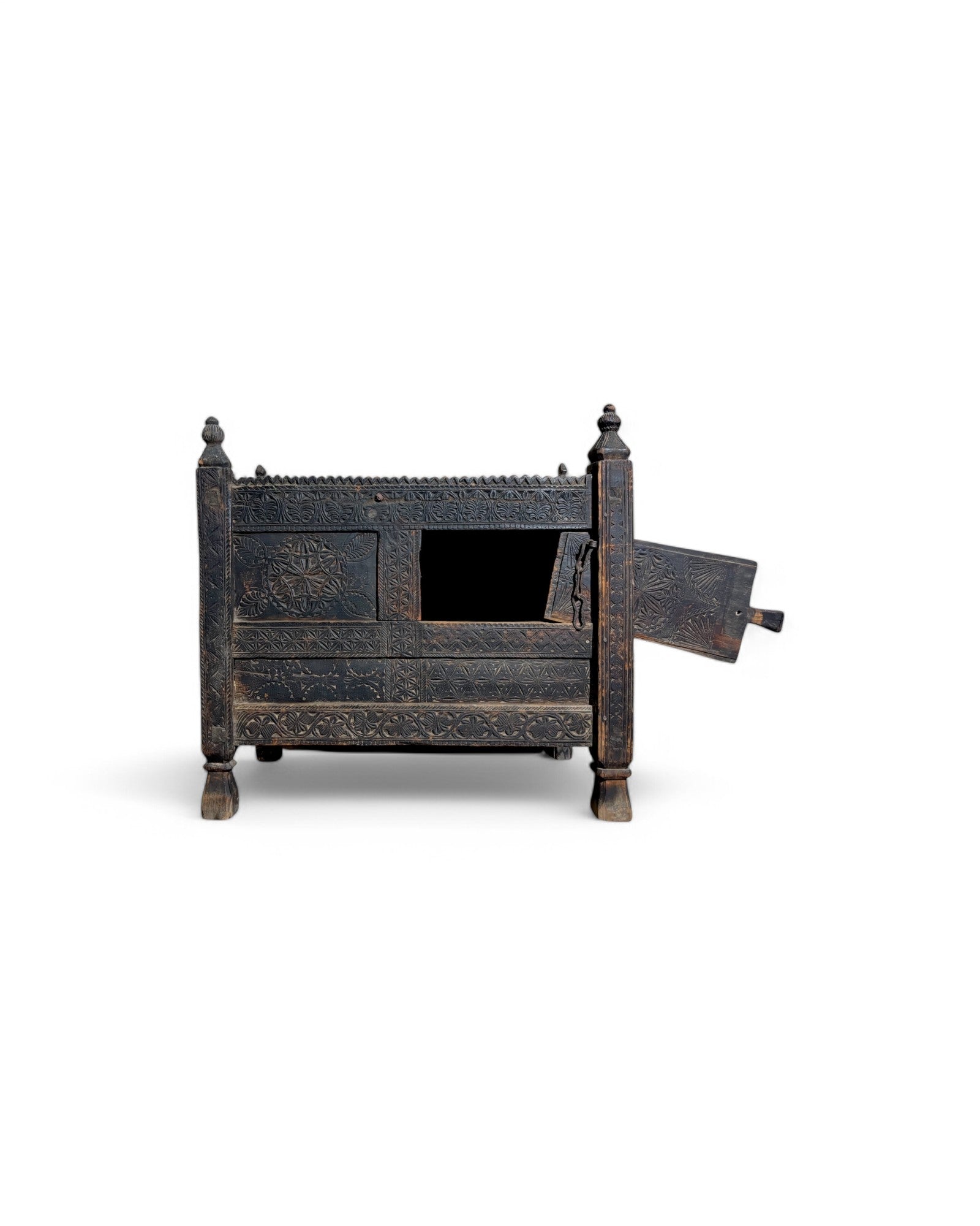 Royal Indian Engraved Black Antique Sliding Door Buffet