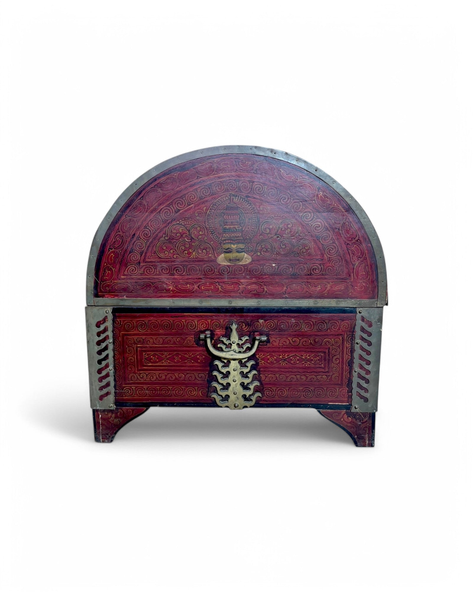 Maroon Indian Ornate Hand Painted Steamer Teak Trunk