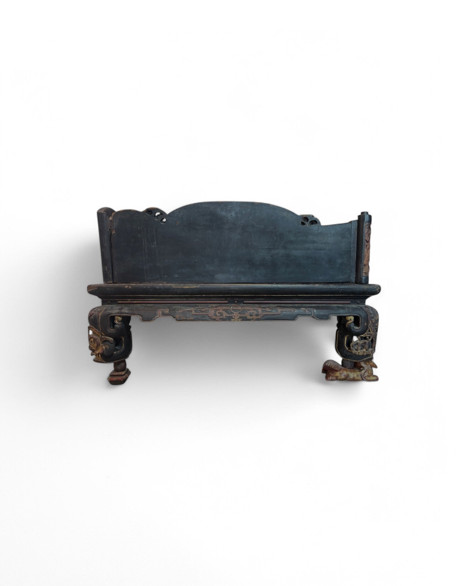 Fujian, Chazhou Black Lacquered Carved Lohan Daybed with Detailed Scenic Paintings