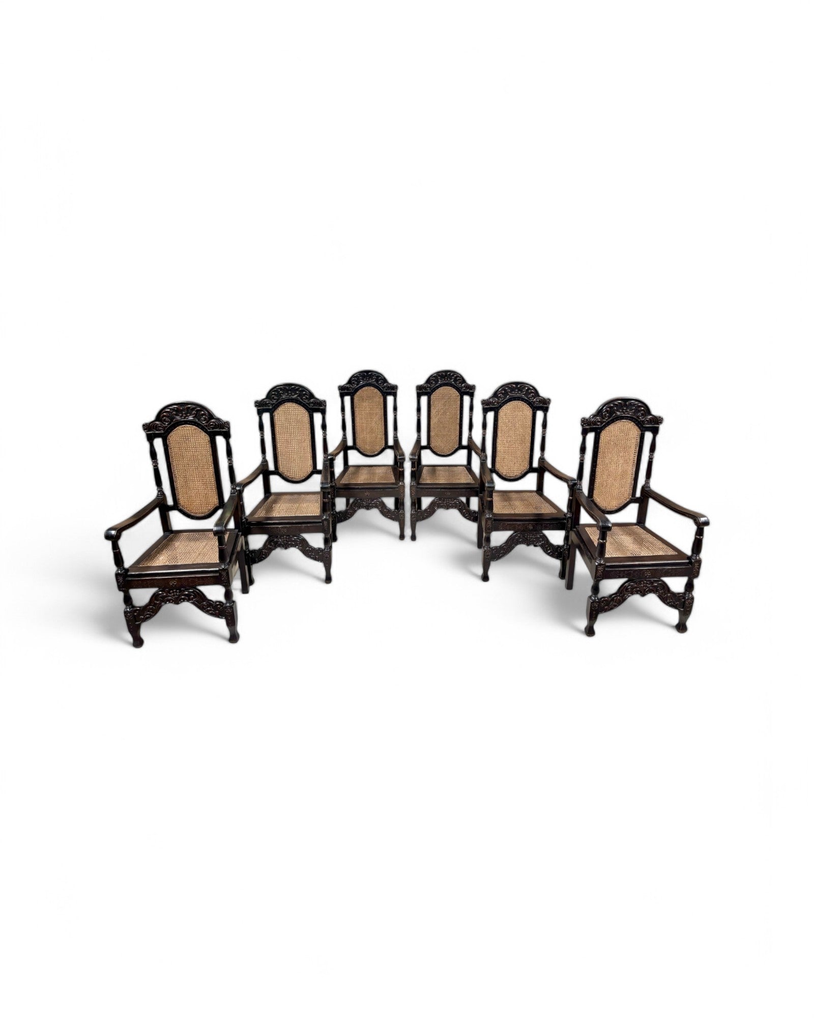 Grand Renaissance Hand Carved Oak & Caned Armchairs - Set of 6