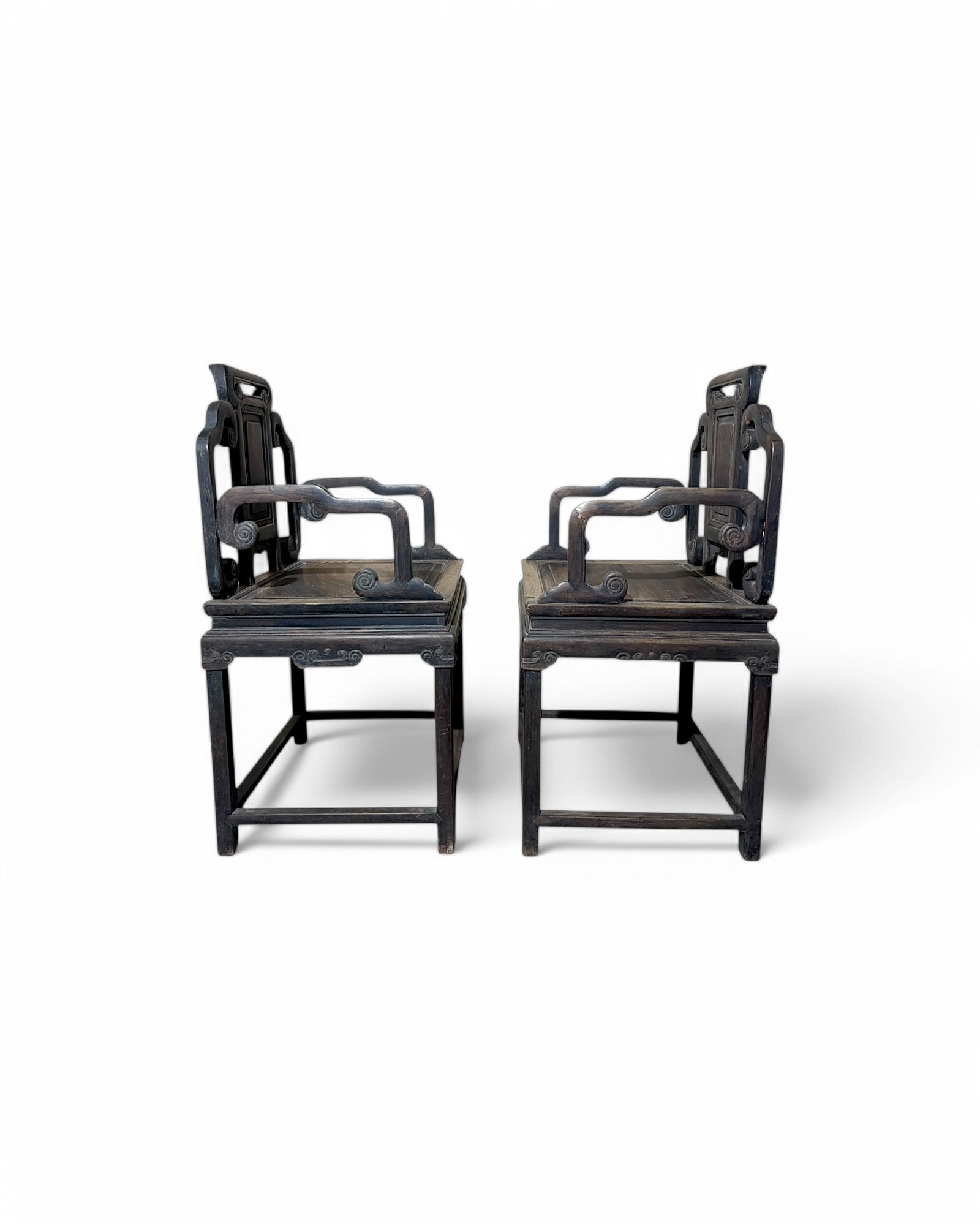 19th Century Rosewood Oriental Curved Chinese Armchairs - Set of 2