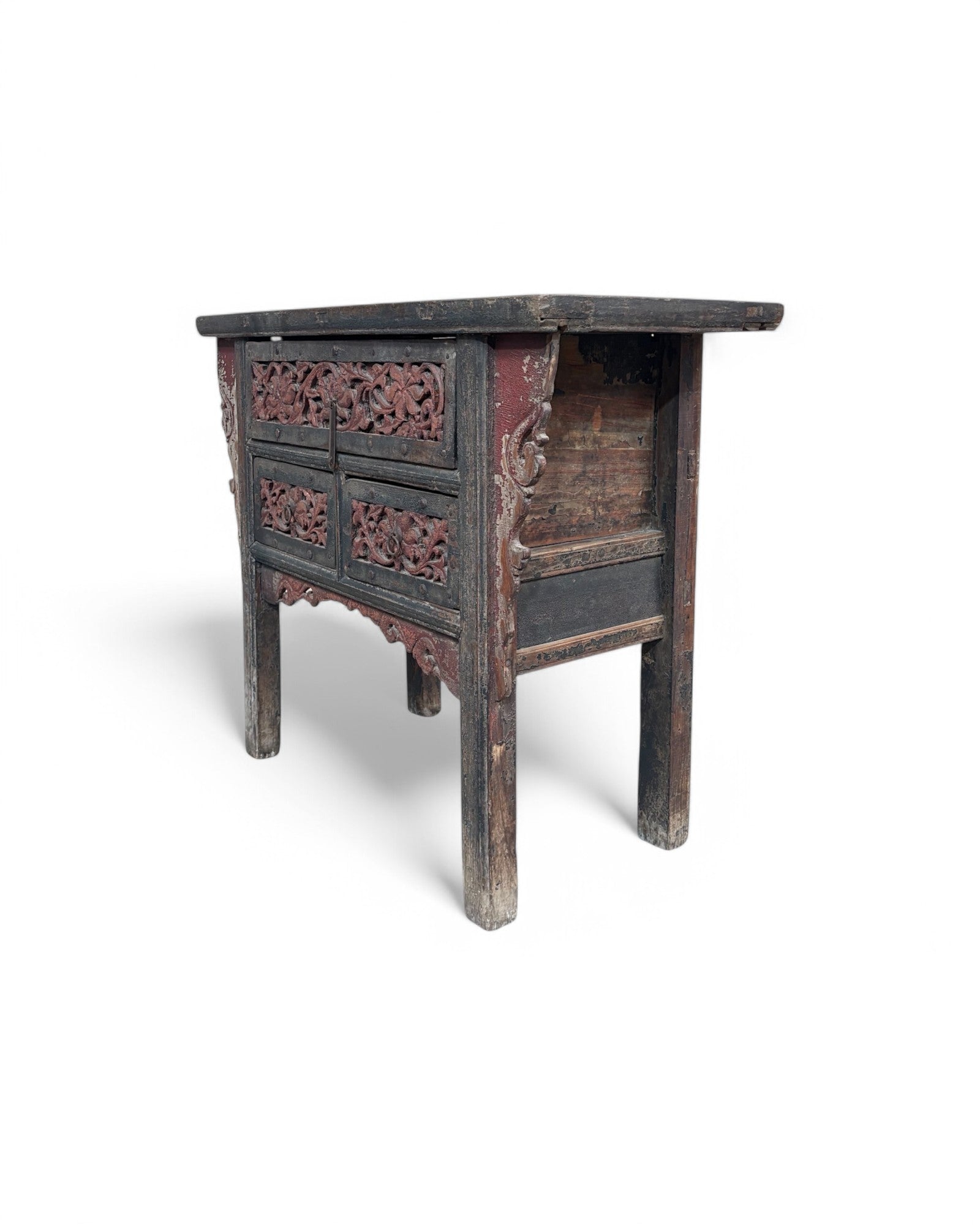 Antique Chinese Distressed Maroon & Black Floral Studded Sideboard