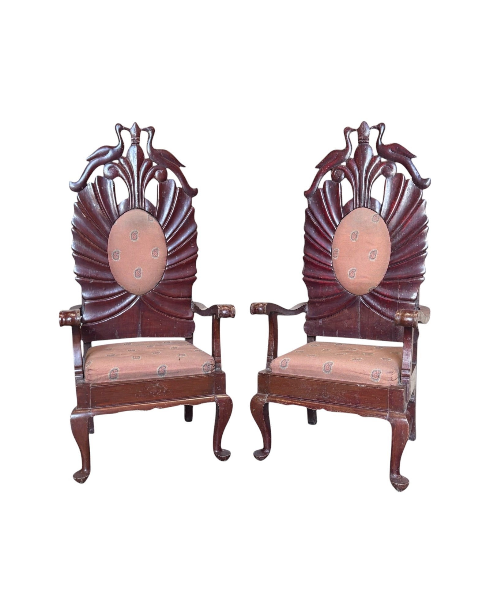 1940 Anglo-Indian Royal Colonial Peacock High Back Armchairs - Set of 2