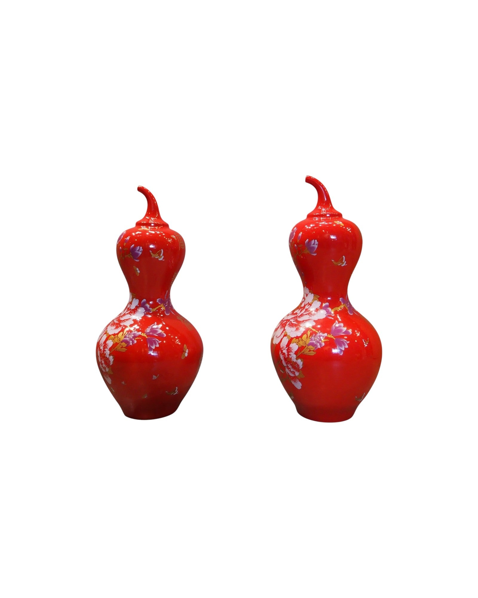 Oriental Red Chili Pepper Ornate Chinese Vases - Set of 2
