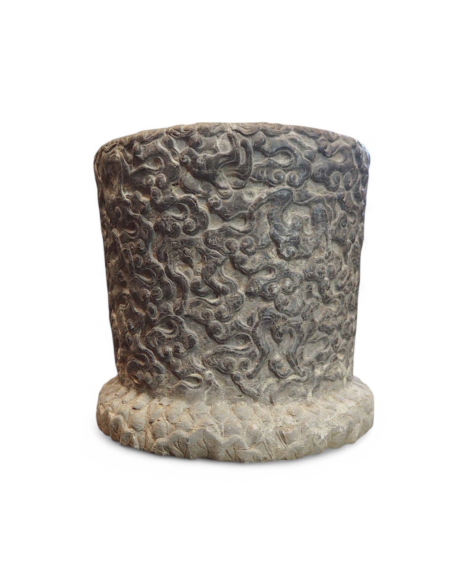 Cylindrical Chinese Limestone Carved Planters - Set of 2