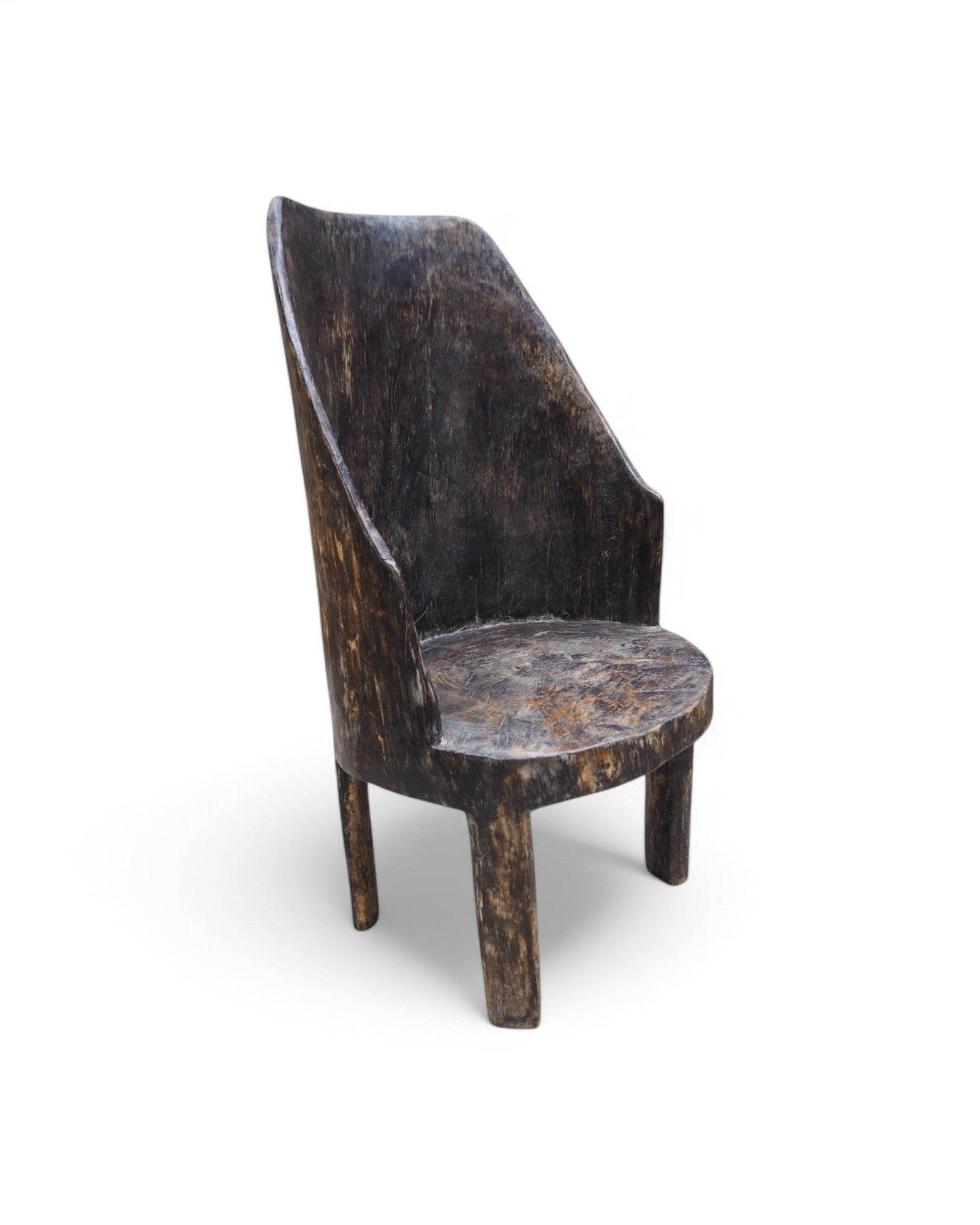 1900s Tribal Hand Carved Low Ornate Chair - Washed Black