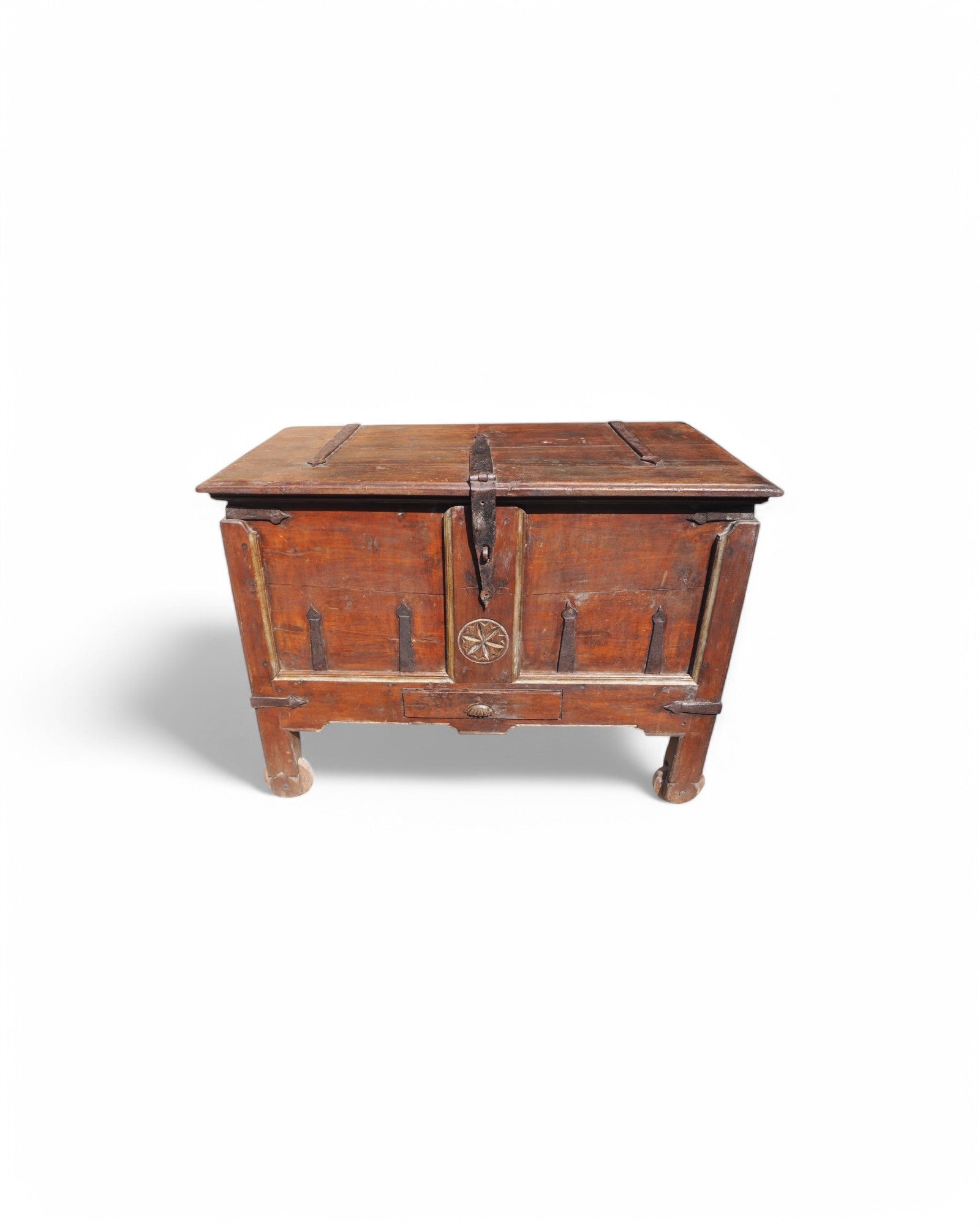 Antique Teak Goa Wheeled Storage Chest 1900s