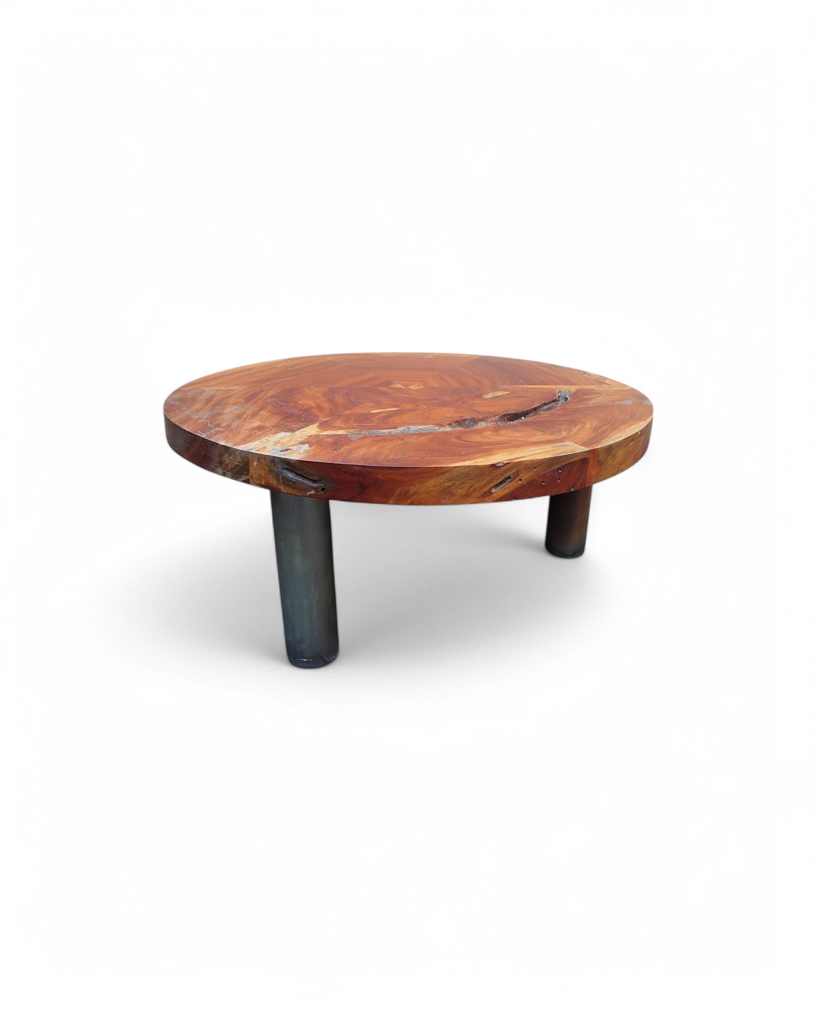 Round Sliced Teak & Steel Low Coffee Table