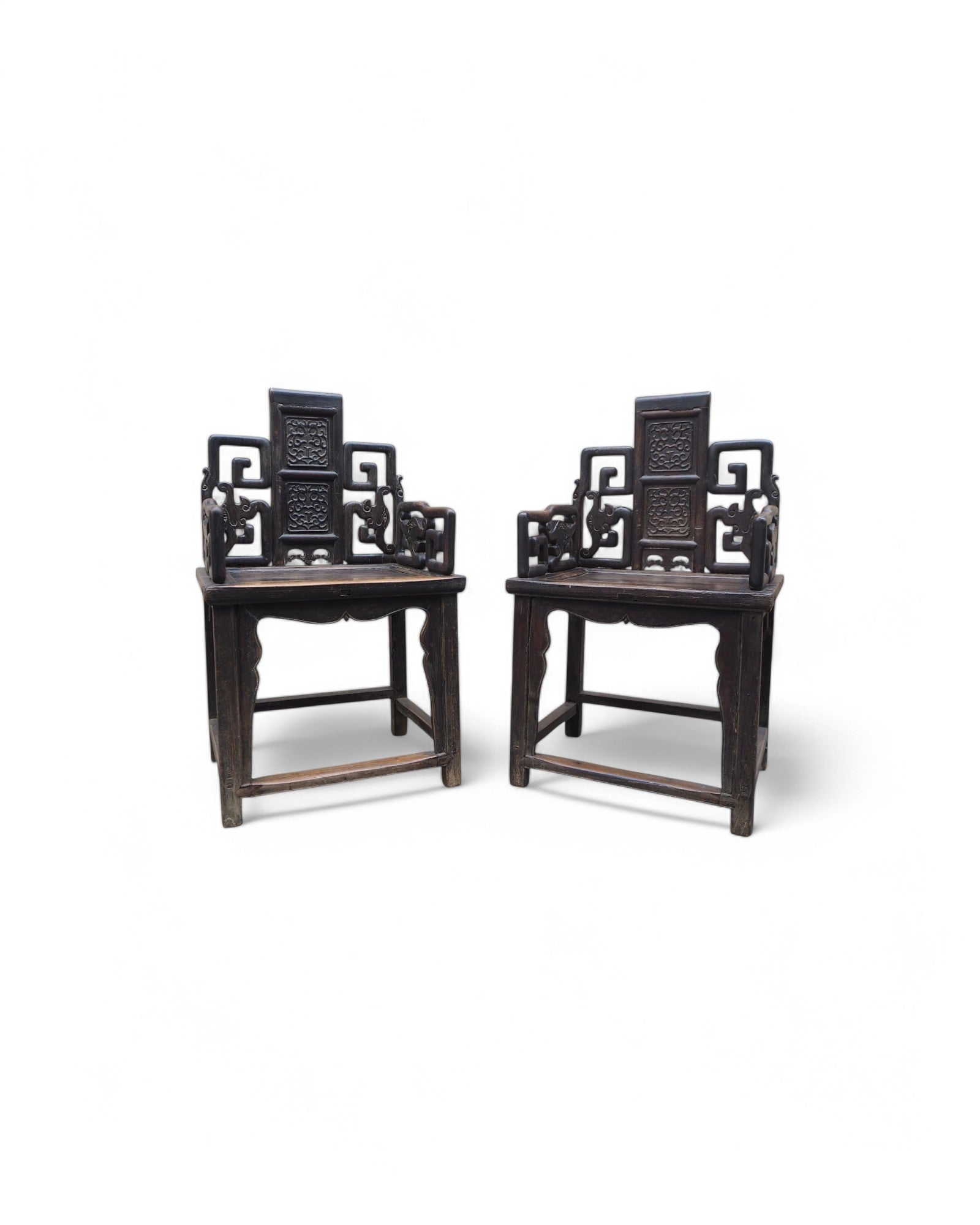 Mid Qing Dynasty Black Elm Lacquered Zhuo Vine Armchairs - Set of 2