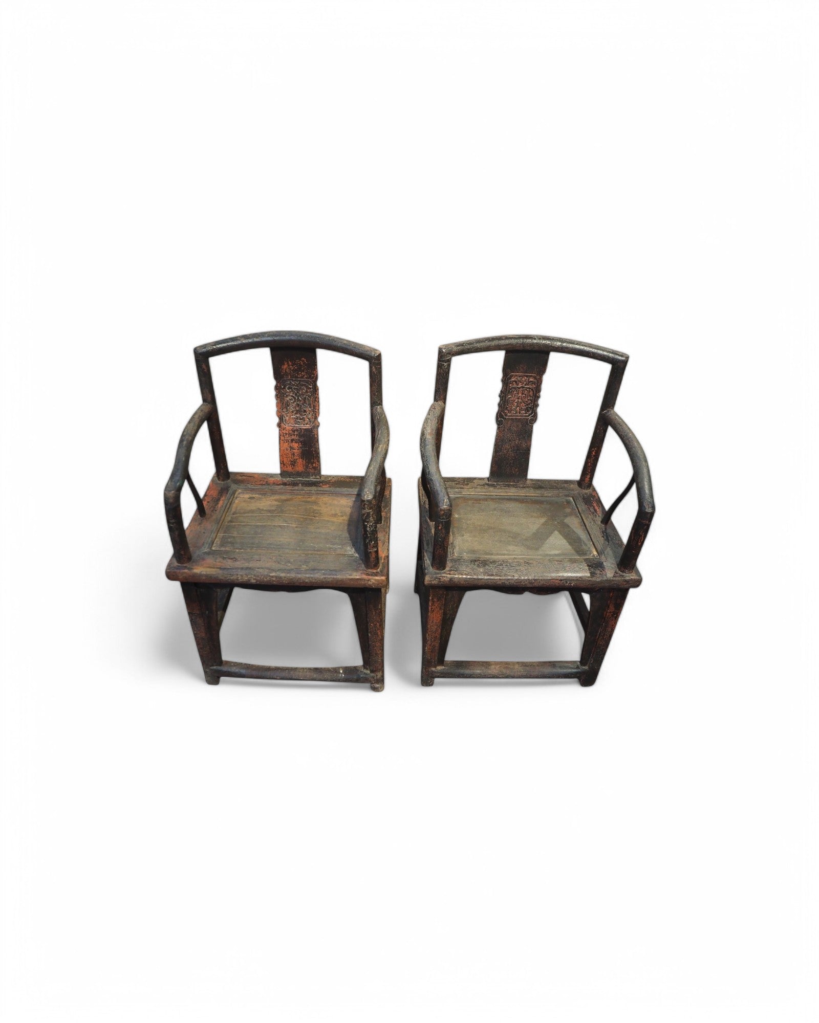 Red Mid Qing Burned Elm Carved Middle Qing Armchairs - Set of 2