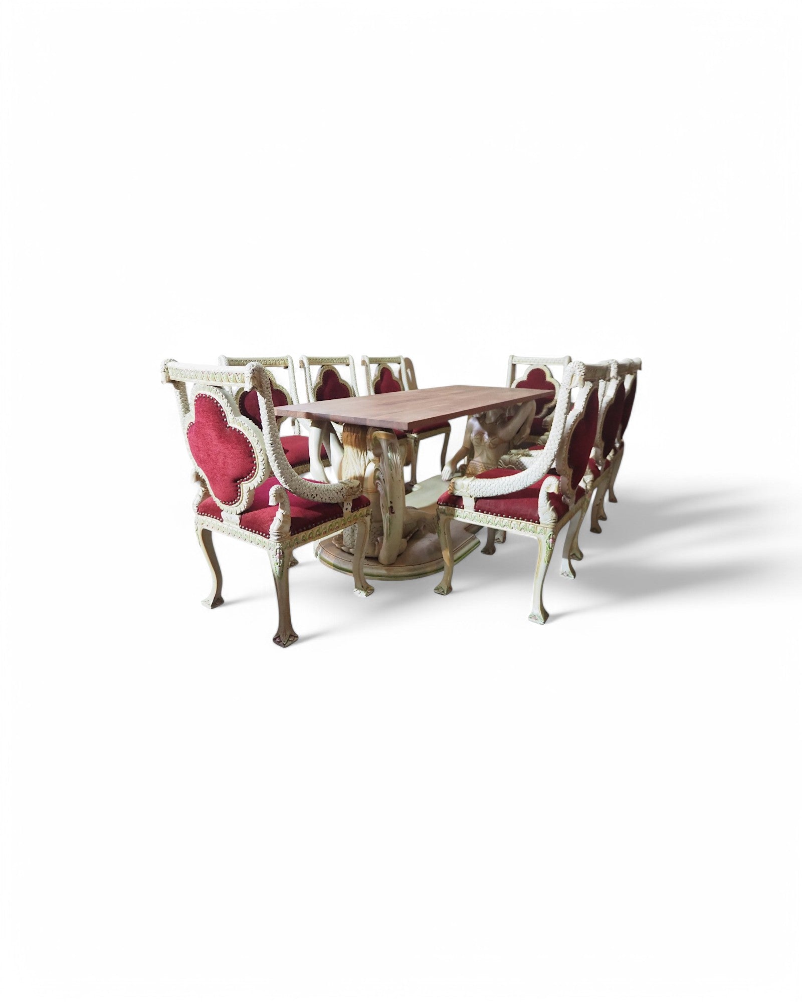 1920s Mermaid Pearl Antique Dining Table Set - 1 Table 8 Dining Chairs