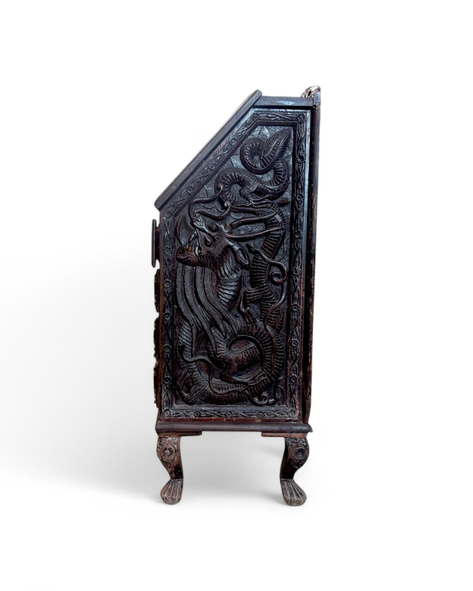 Anglo-Indian Dragon Carved Walnut Antique Bureau Writing Desk