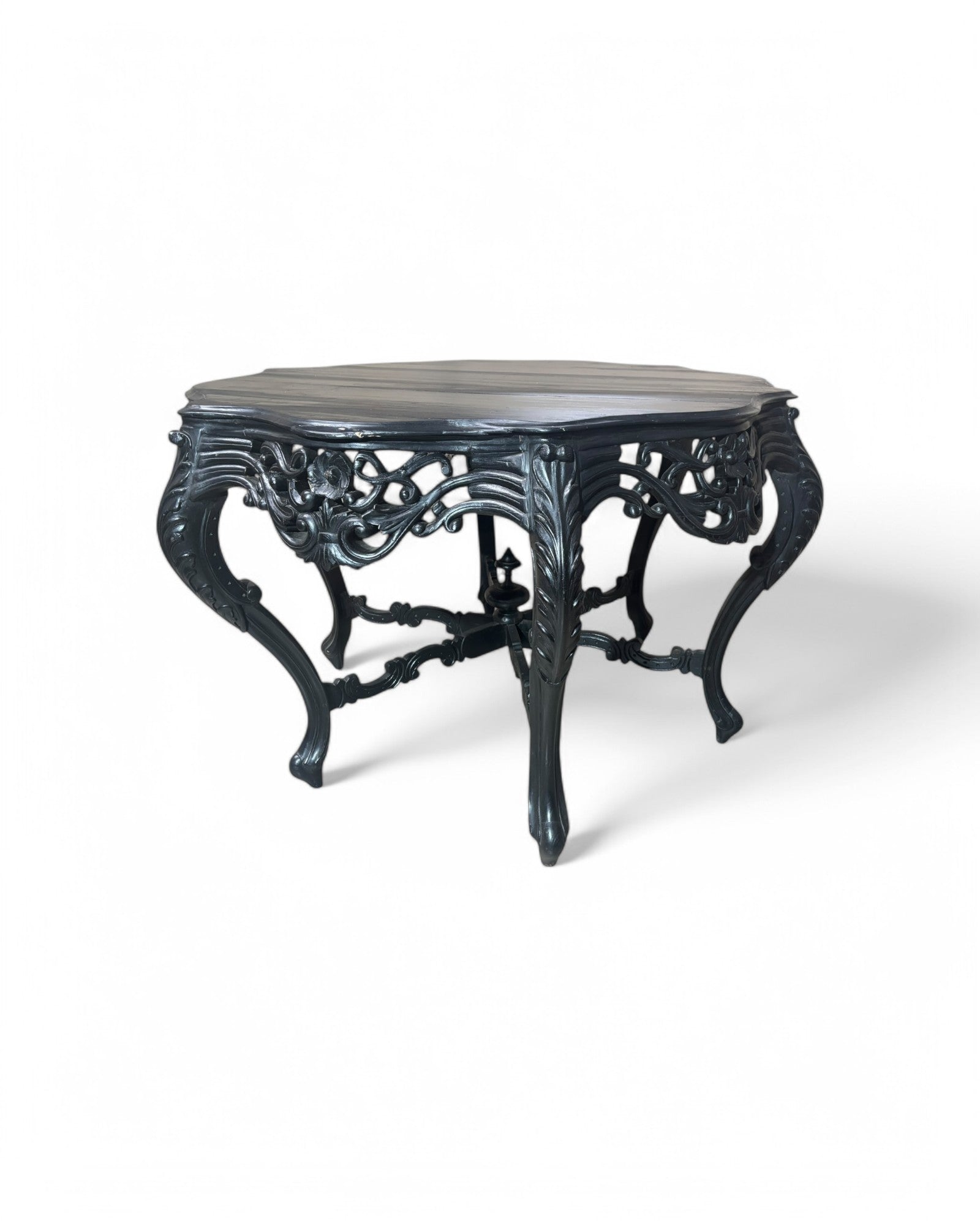 Antique French Rococo Revival Carved Wood Center Table with Ebonized Finish