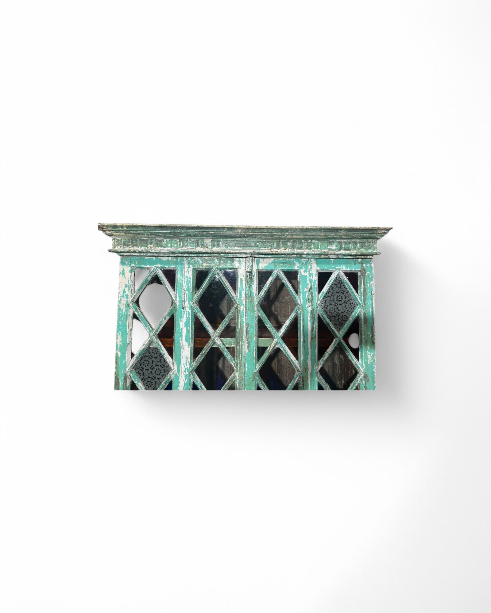 Turquoise Indian Teak Wood Almirah Cabinet with Paneled Foldable Glass Doors