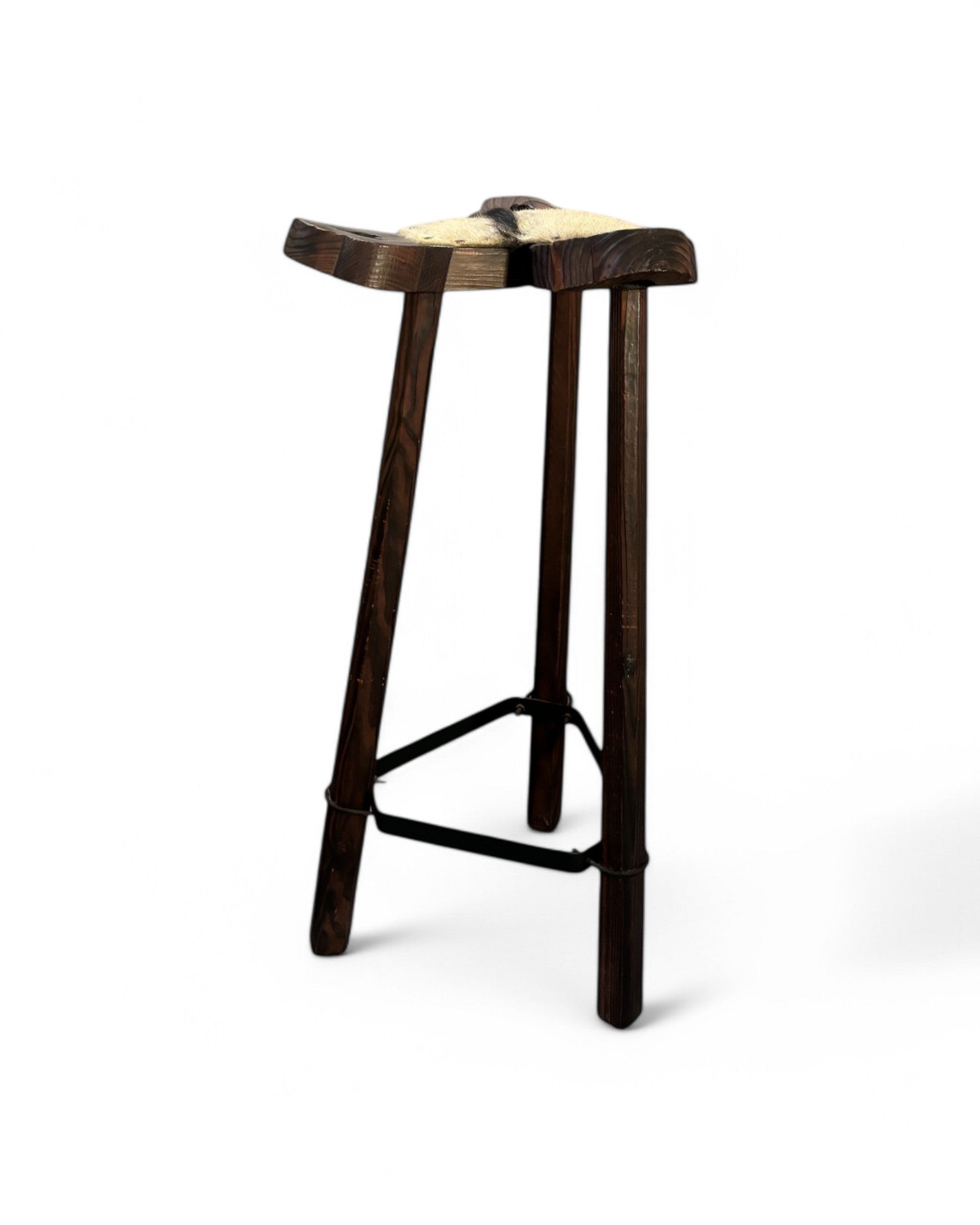 Spanish Wooden Carved Brutalist Cow Hyde Bar Stool