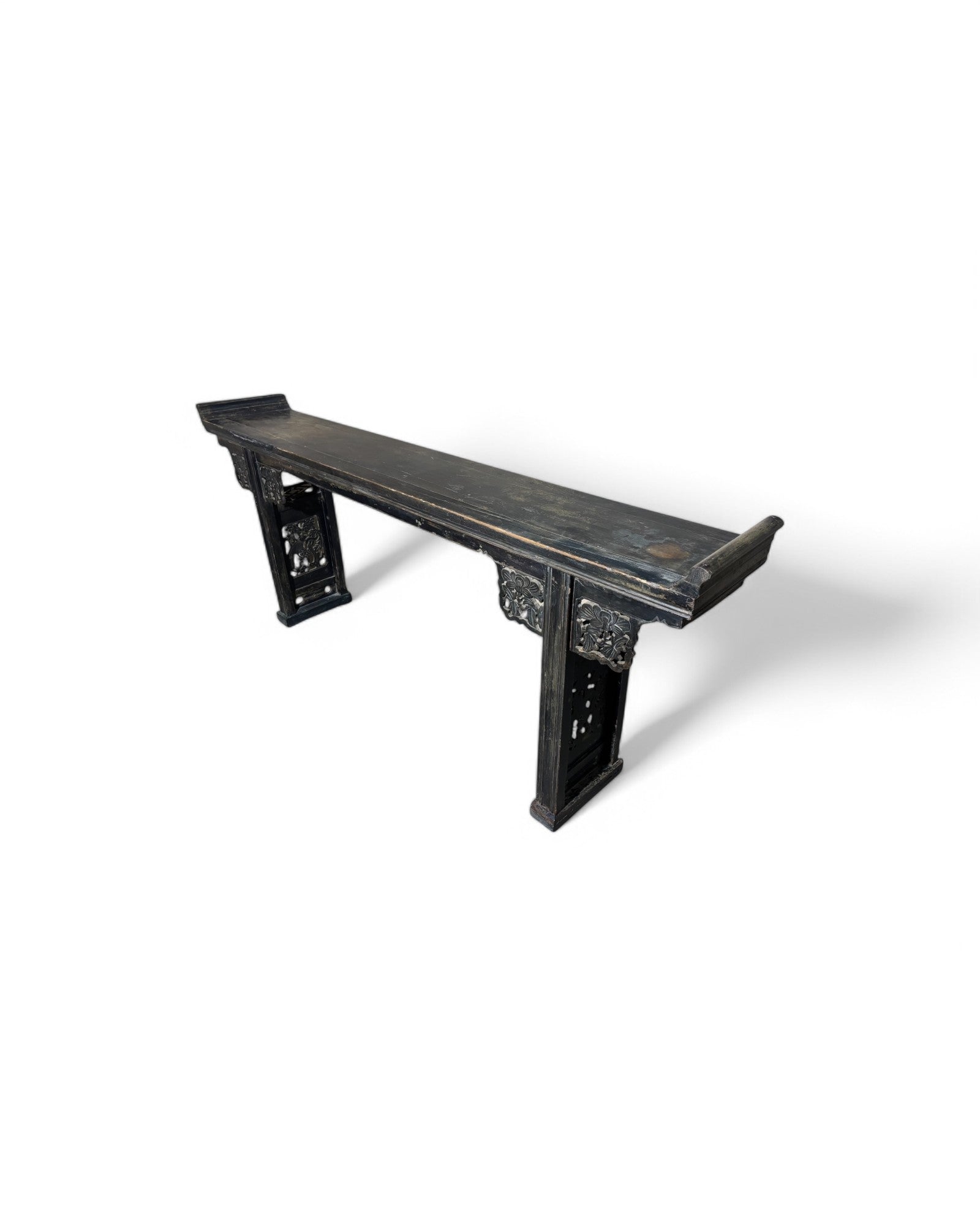 Black Antique Chinese Console Table with Floral Engravings