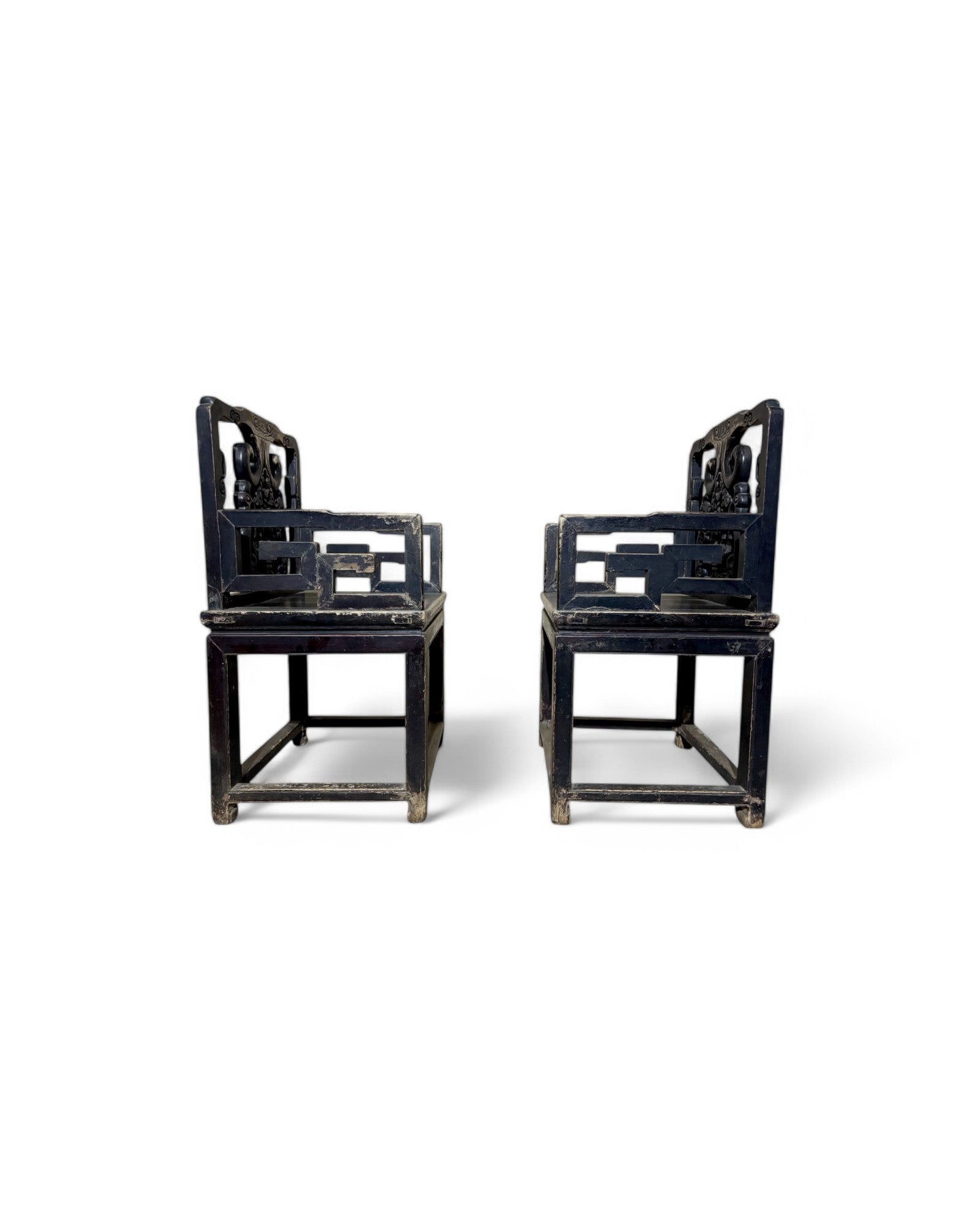 Antique Chinese Cherry Blossom Engraved Tea Chairs - Set of 2