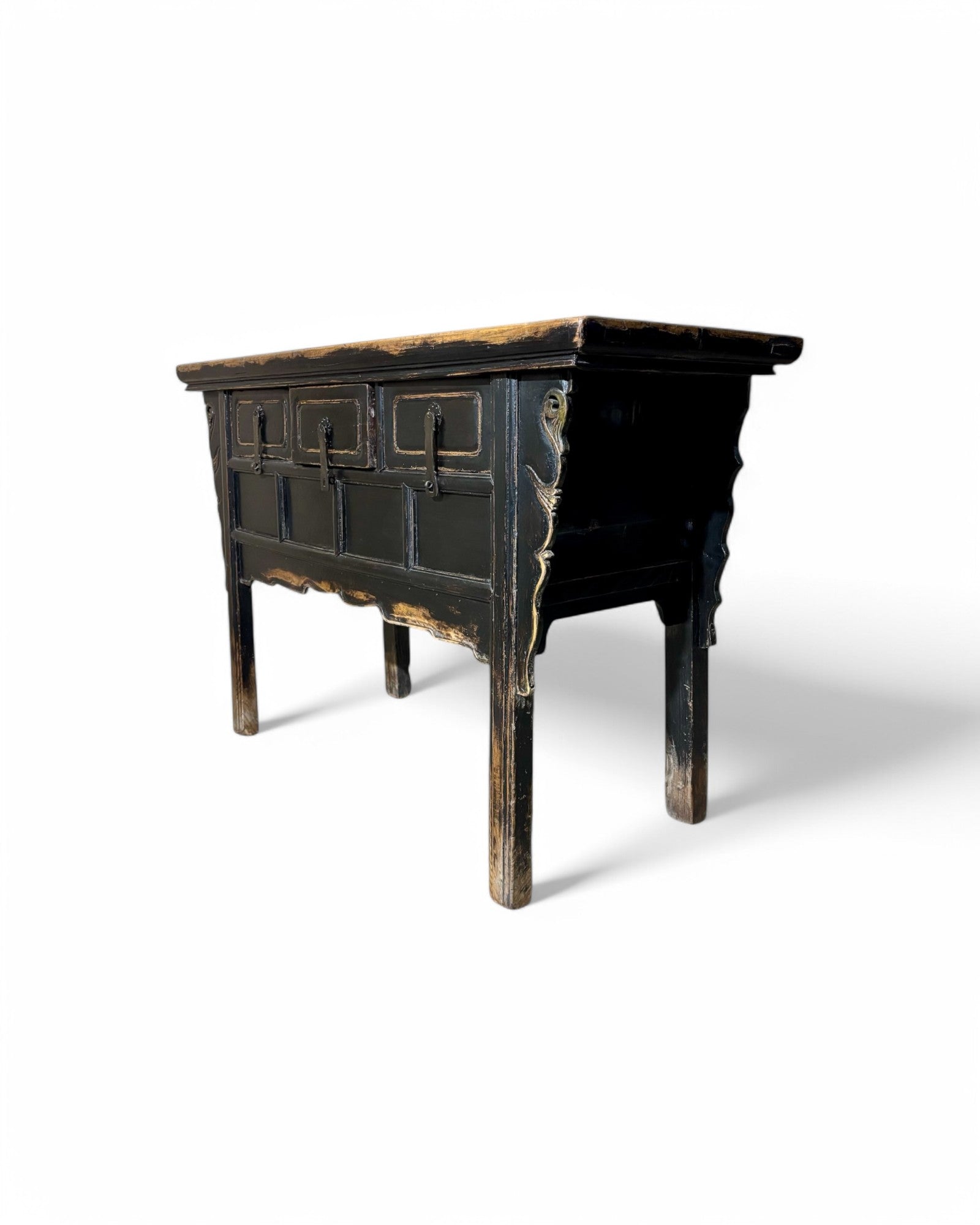 Faded Black Antique Chinese Sideboard with Tri-Drawers