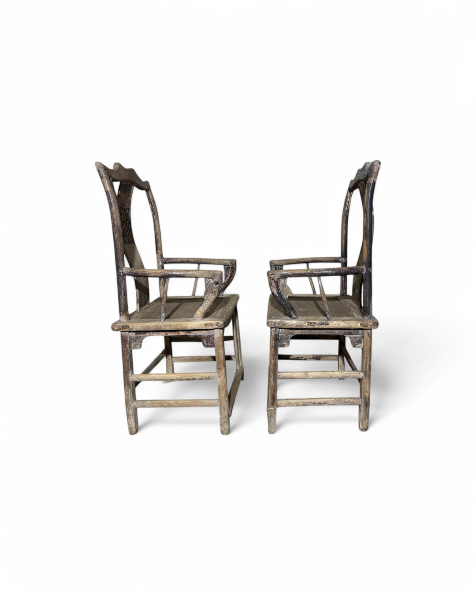 Antique Chinese Elmwood Dining Armchairs with Bamboo Matted Seat - Set of 2