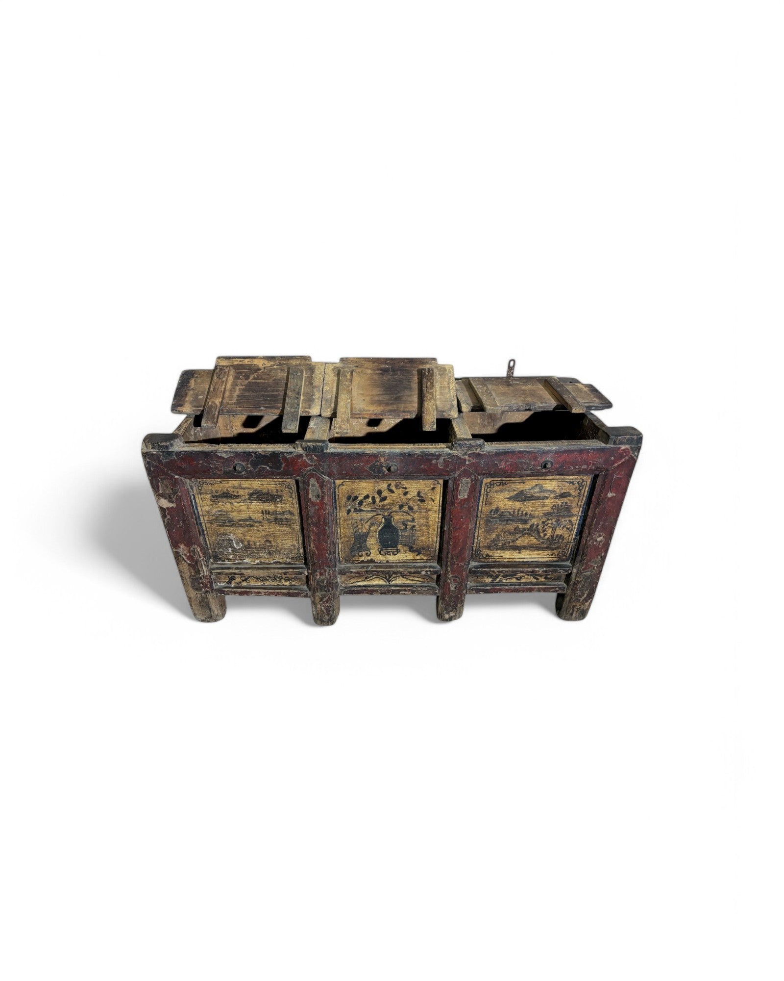 Antique Chinese Scenic Hand Painted Tri-Compartment Chest