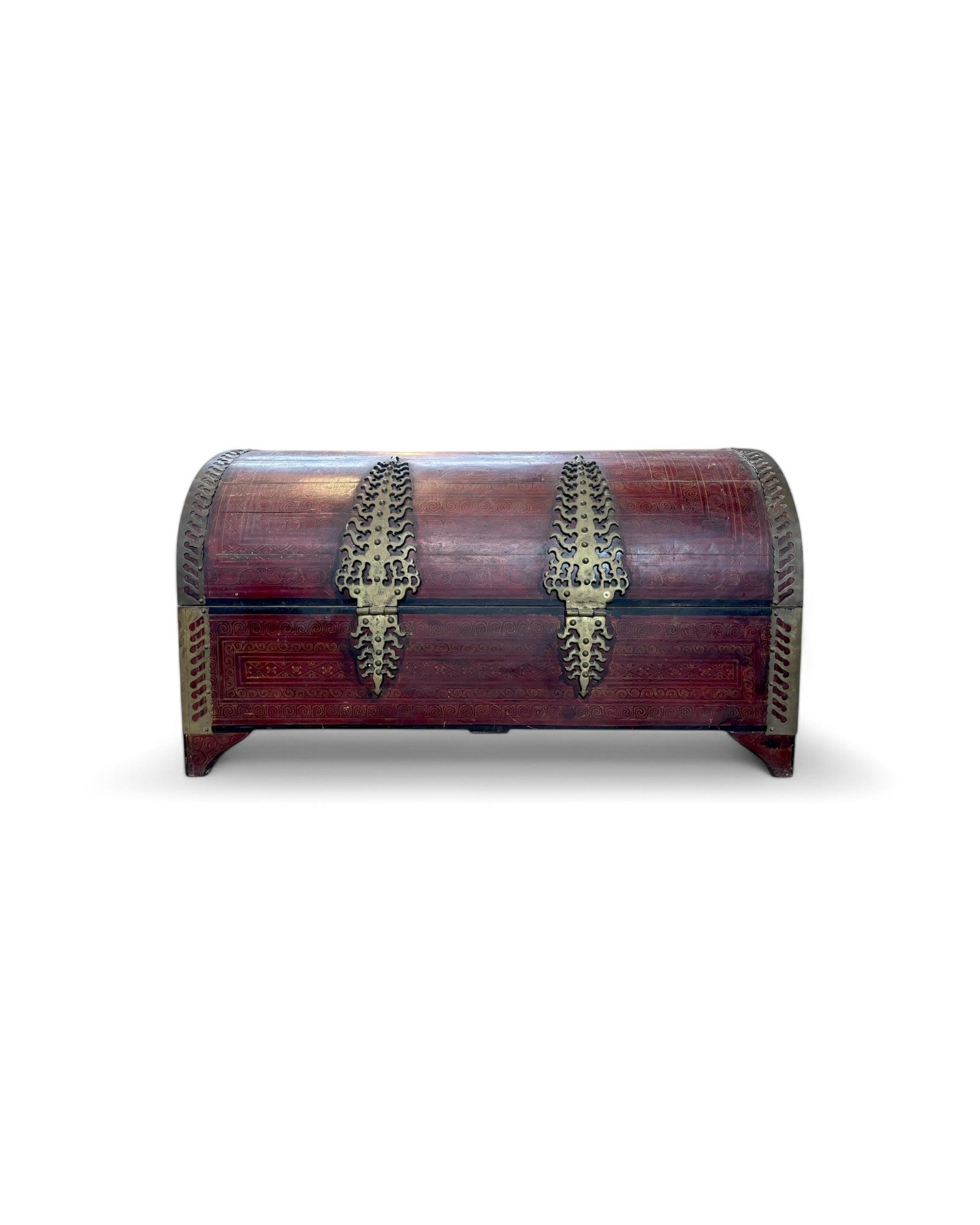 Maroon Indian Ornate Hand Painted Steamer Teak Trunk