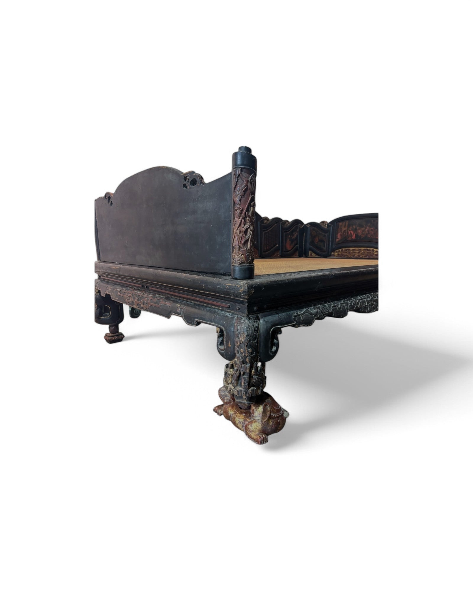 Fujian, Chazhou Black Lacquered Carved Lohan Daybed with Detailed Scenic Paintings