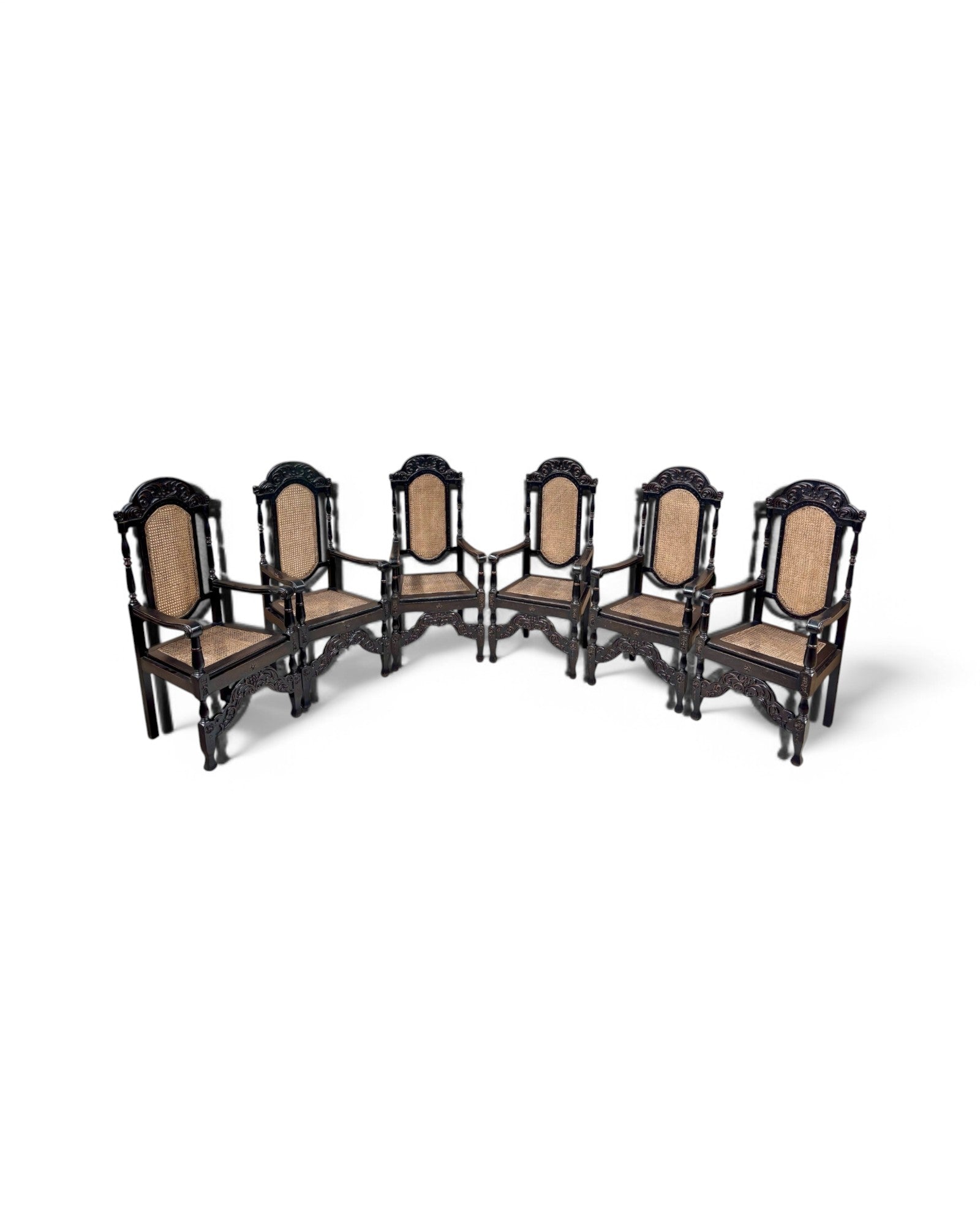 Grand Renaissance Hand Carved Oak & Caned Armchairs - Set of 6