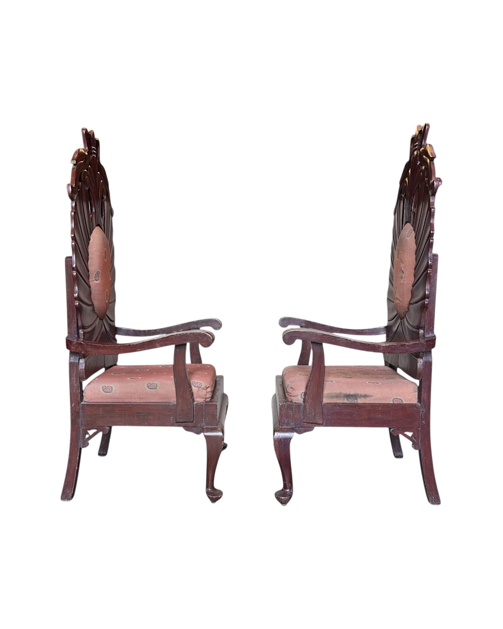 1940 Anglo-Indian Royal Colonial Peacock High Back Armchairs - Set of 2