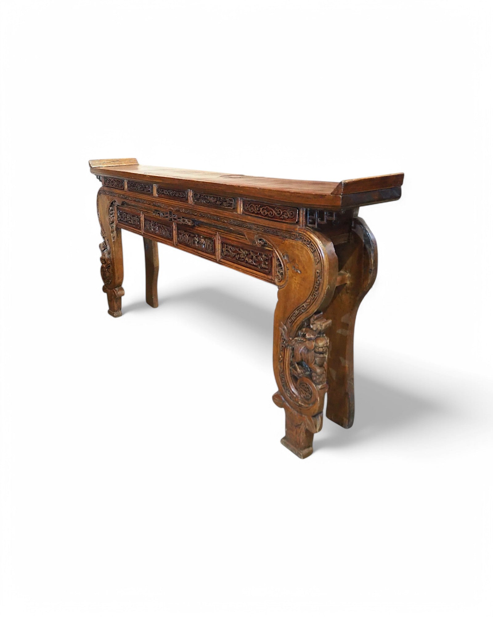 Mid-Qing Dynasty Fujian Long Lion Wing Carved Teak Console Table