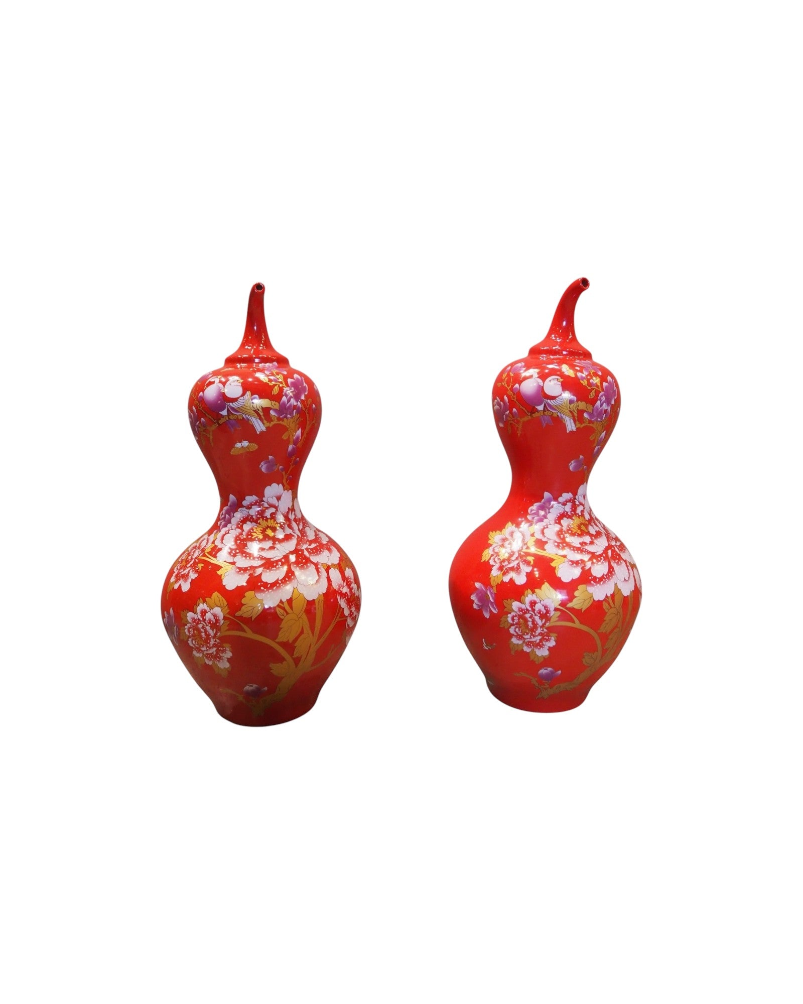 Oriental Red Chili Pepper Ornate Chinese Vases - Set of 2