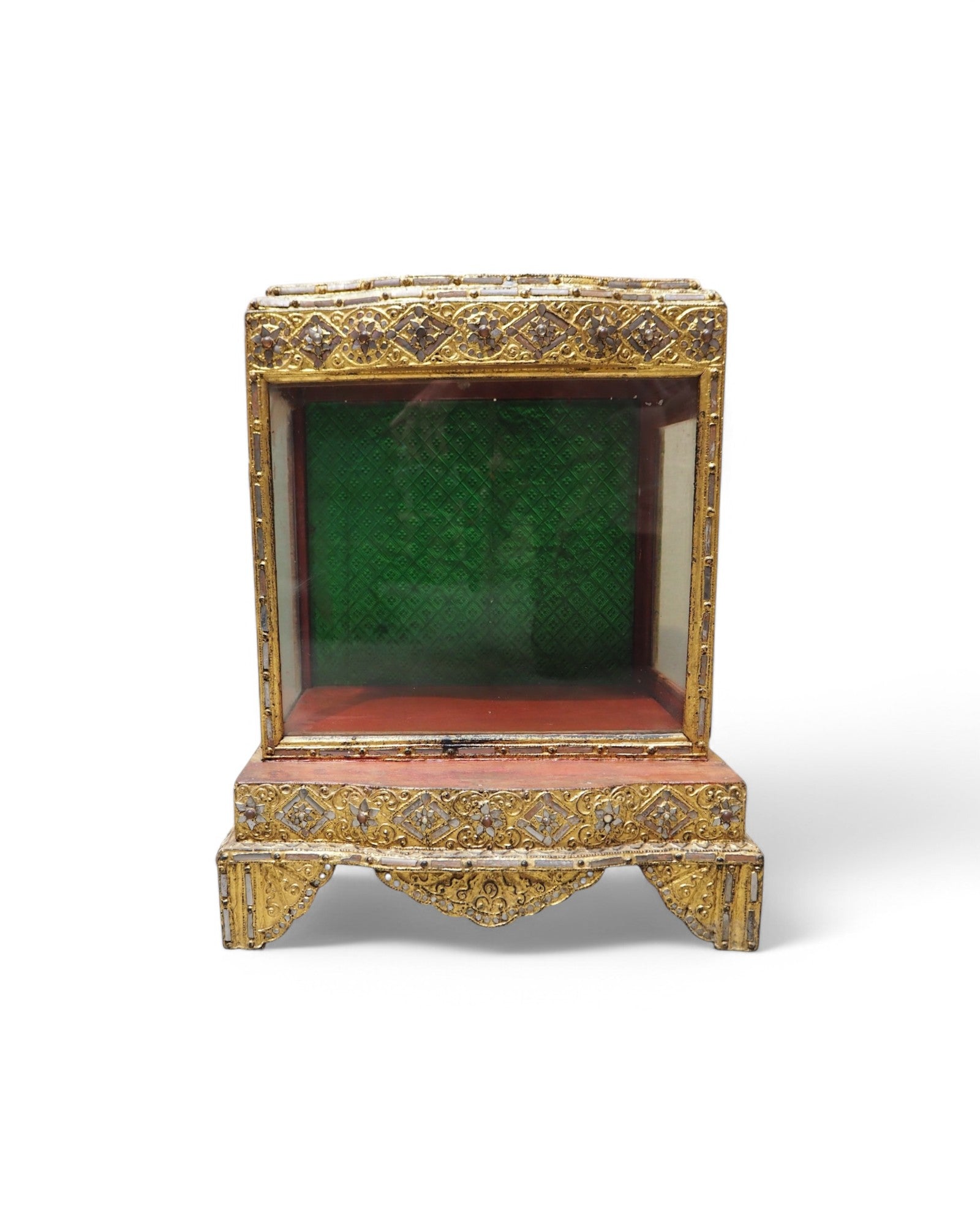 Antique Burmese Wooden Buddha Shrine with Emerald Backdrop