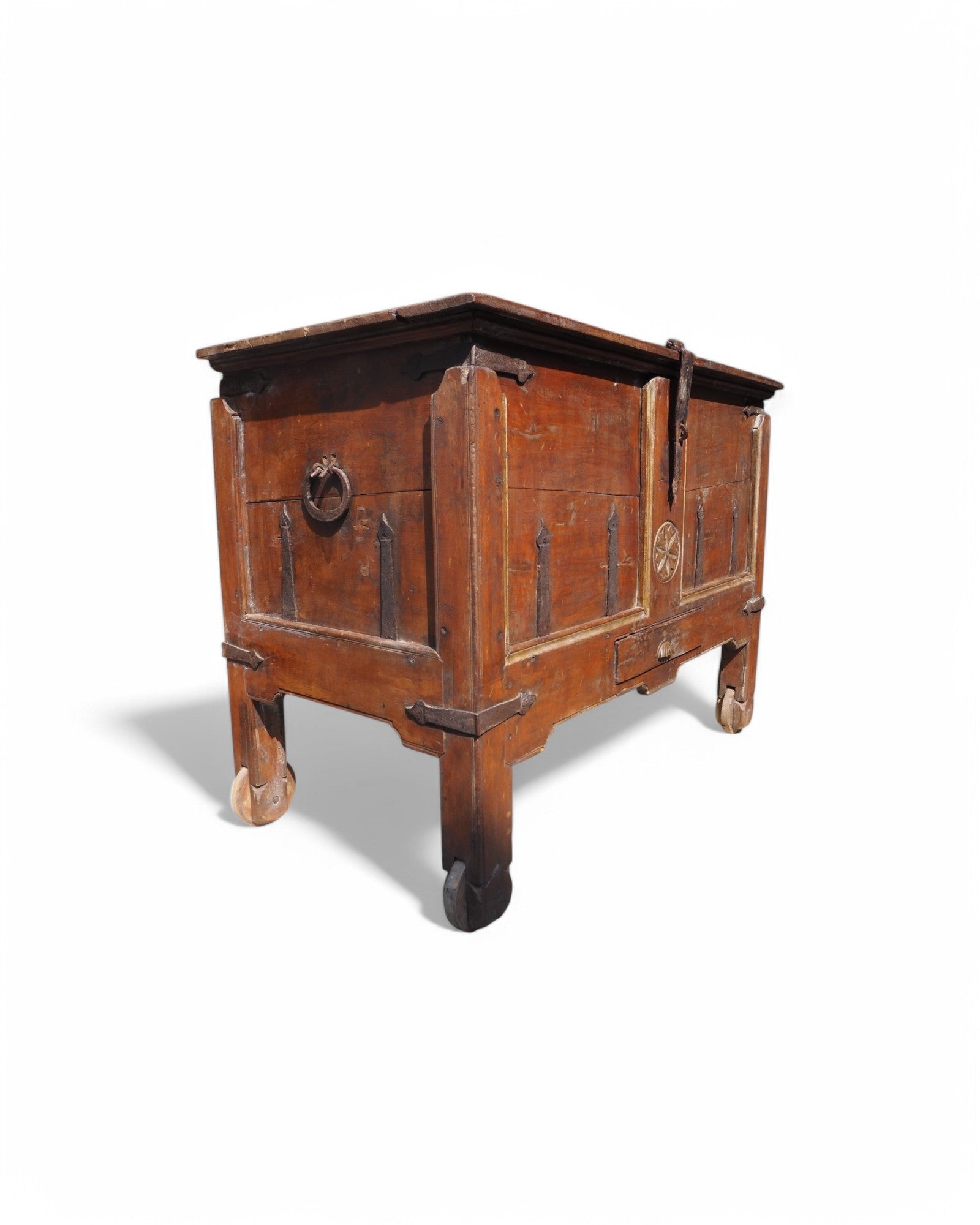 Antique Teak Goa Wheeled Storage Chest 1900s