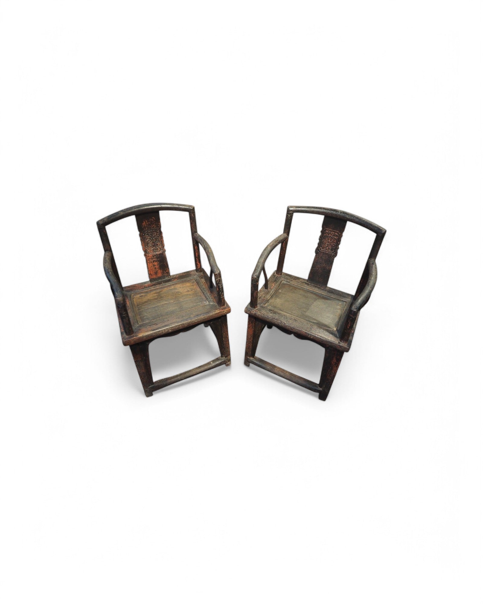 Red Mid Qing Burned Elm Carved Middle Qing Armchairs - Set of 2