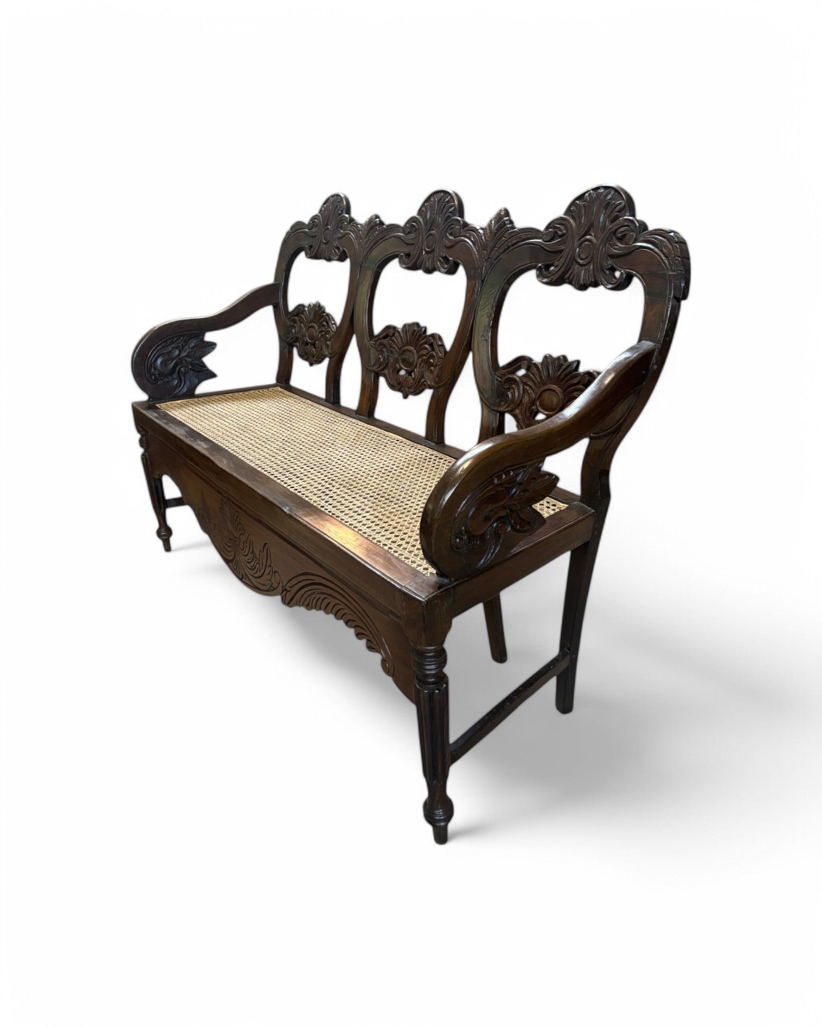 Anglo - Indian Rosewood Carved Settee Bench with Rattan Seating - Surround Living - 4