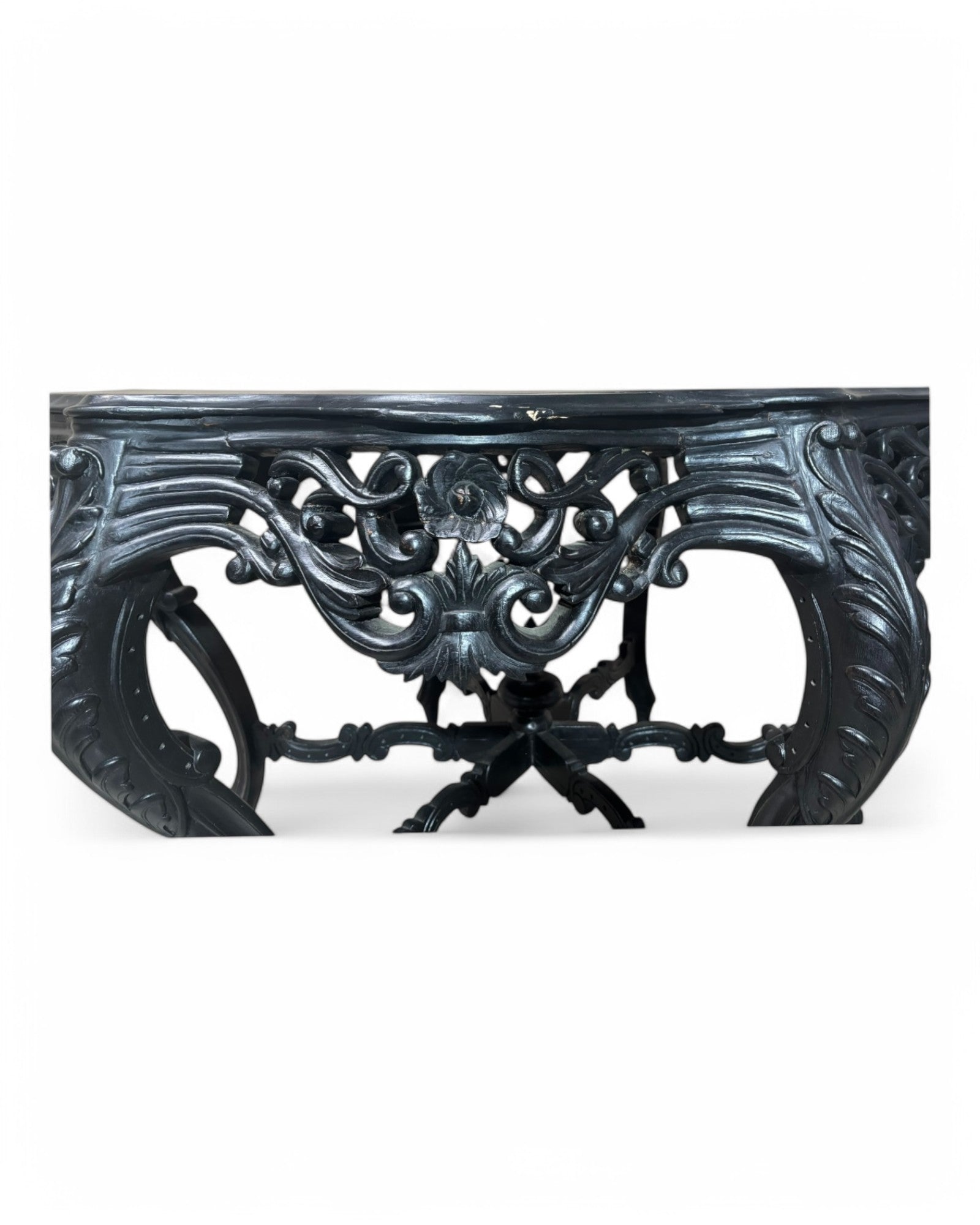 Antique French Rococo Revival Carved Wood Center Table with Ebonized Finish