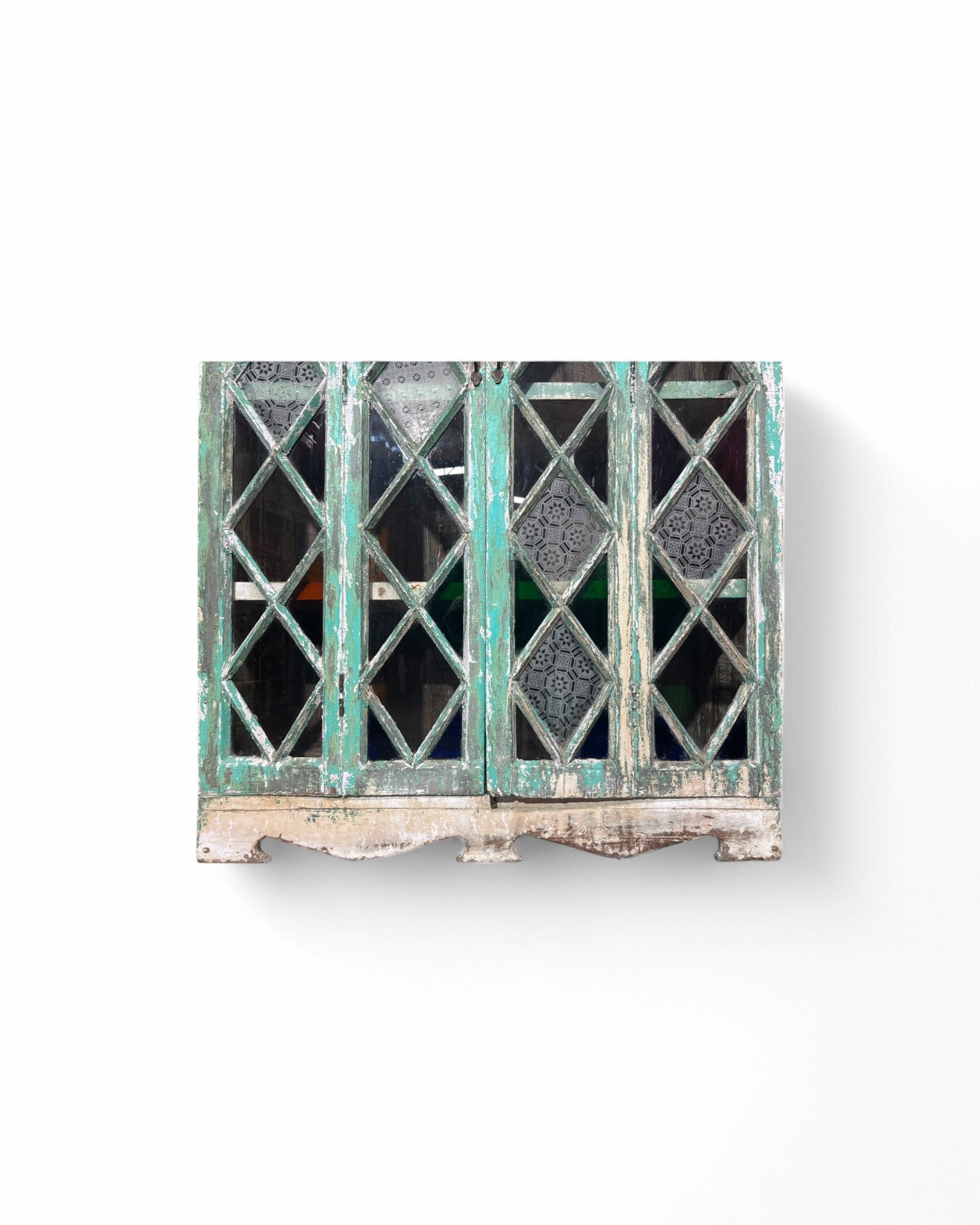 Turquoise Indian Teak Wood Almirah Cabinet with Paneled Foldable Glass Doors