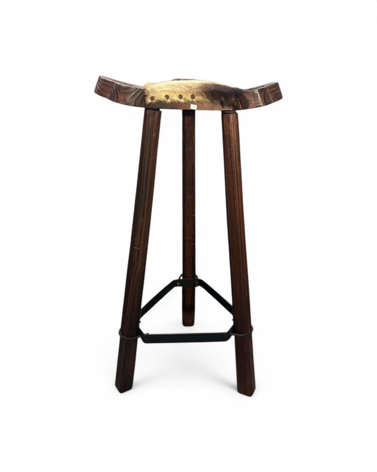 Spanish Wooden Carved Brutalist Cow Hyde Bar Stool