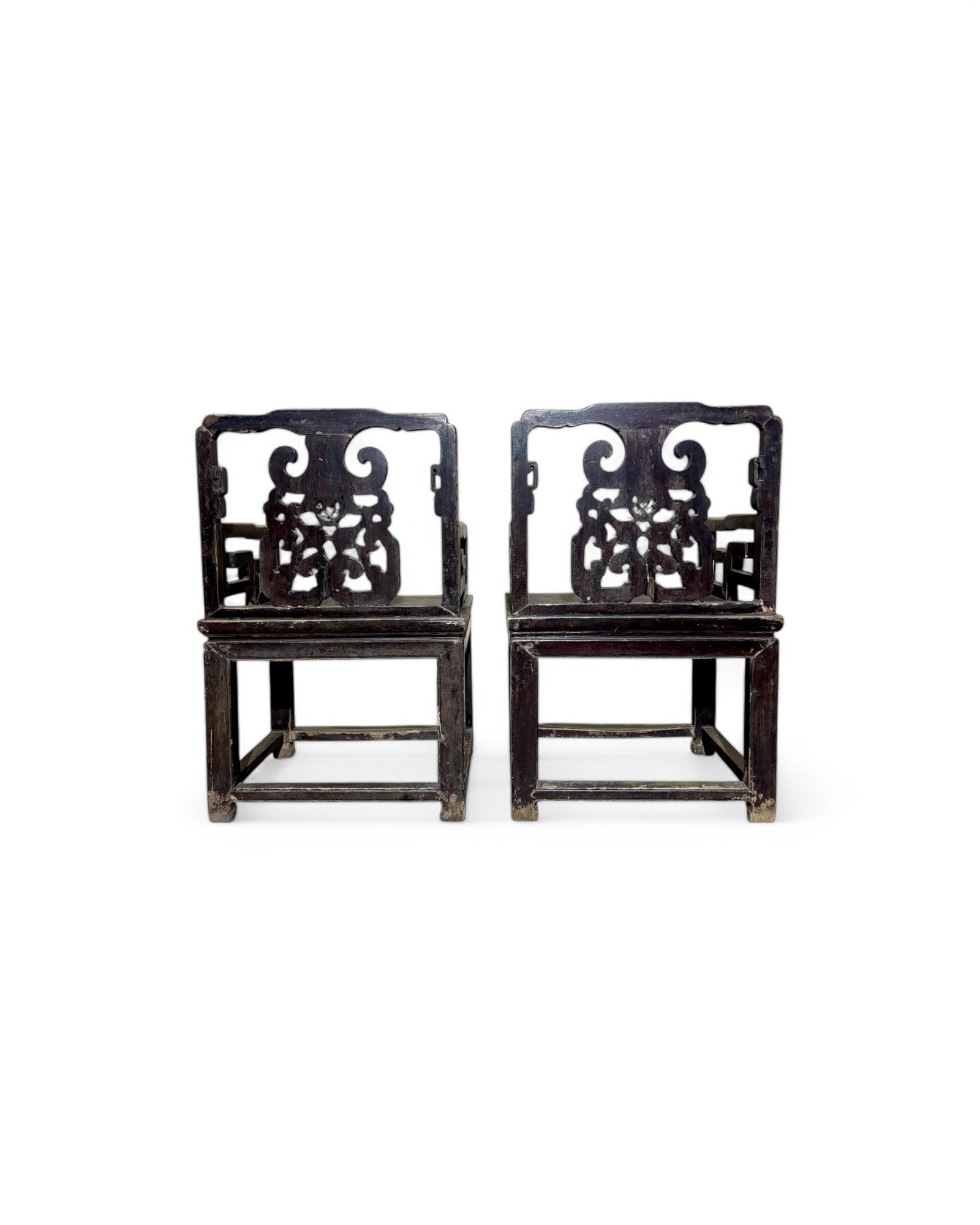 Antique Chinese Cherry Blossom Engraved Tea Chairs - Set of 2