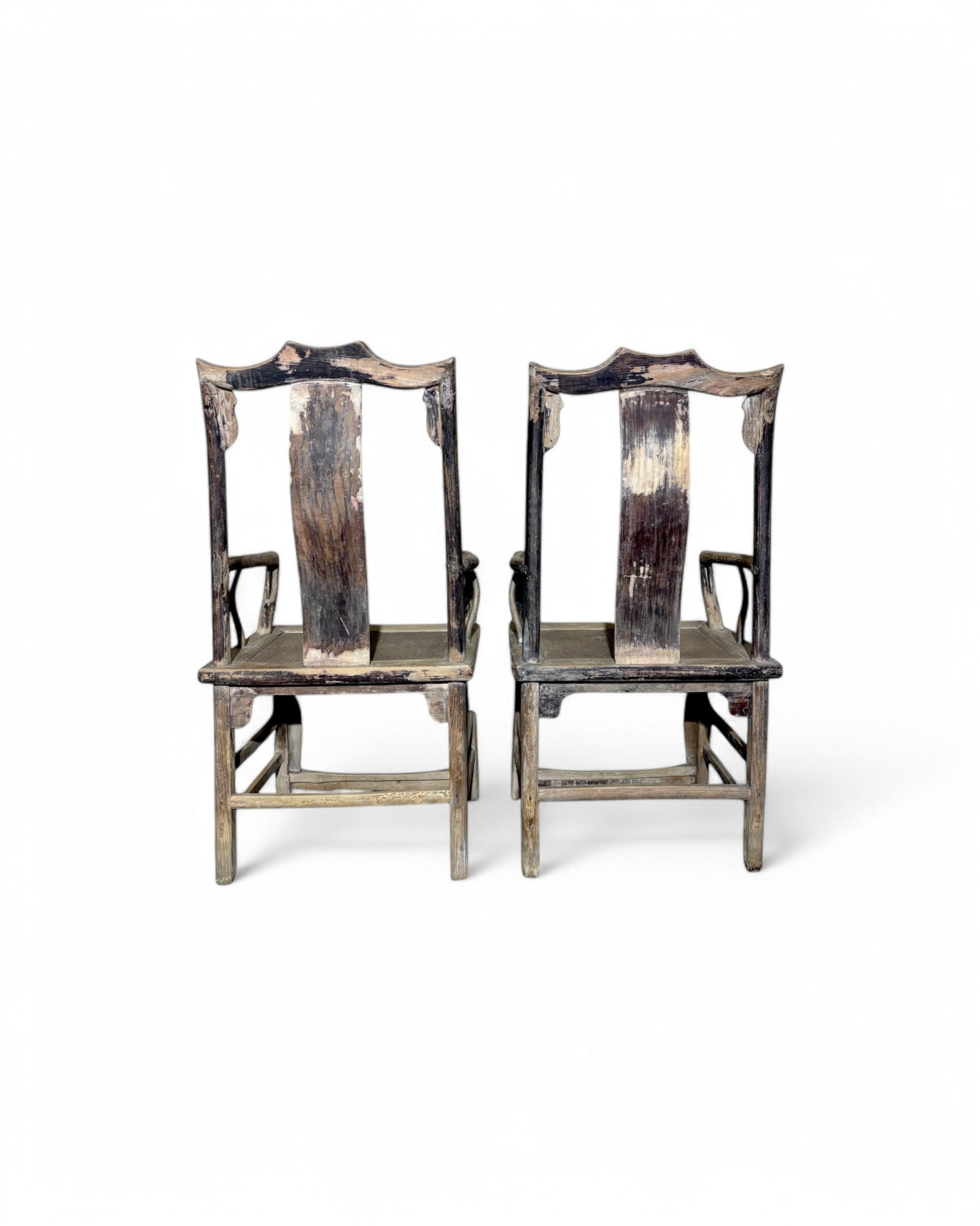Antique Chinese Elmwood Dining Armchairs with Bamboo Matted Seat - Set of 2