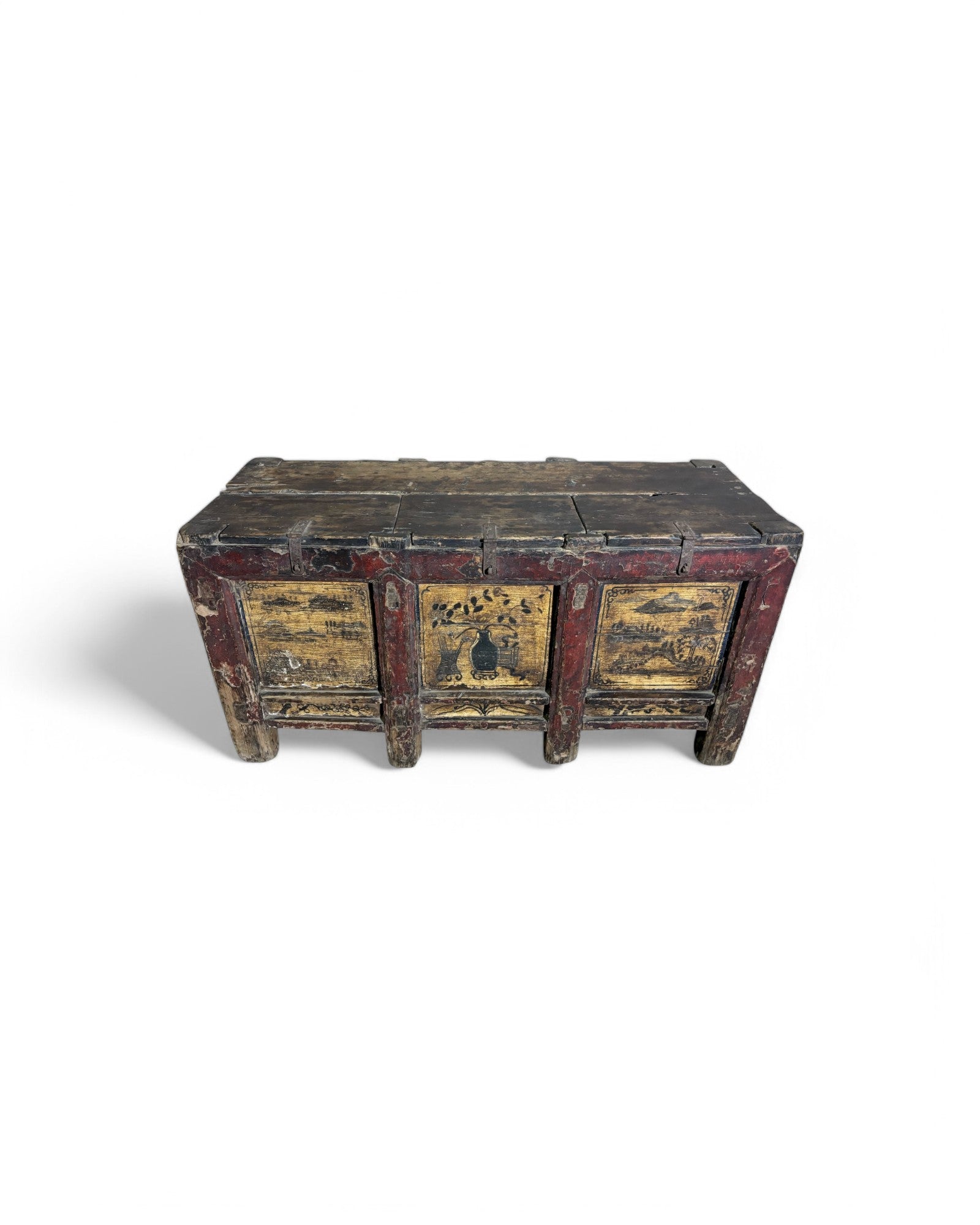 Antique Chinese Scenic Hand Painted Tri-Compartment Chest