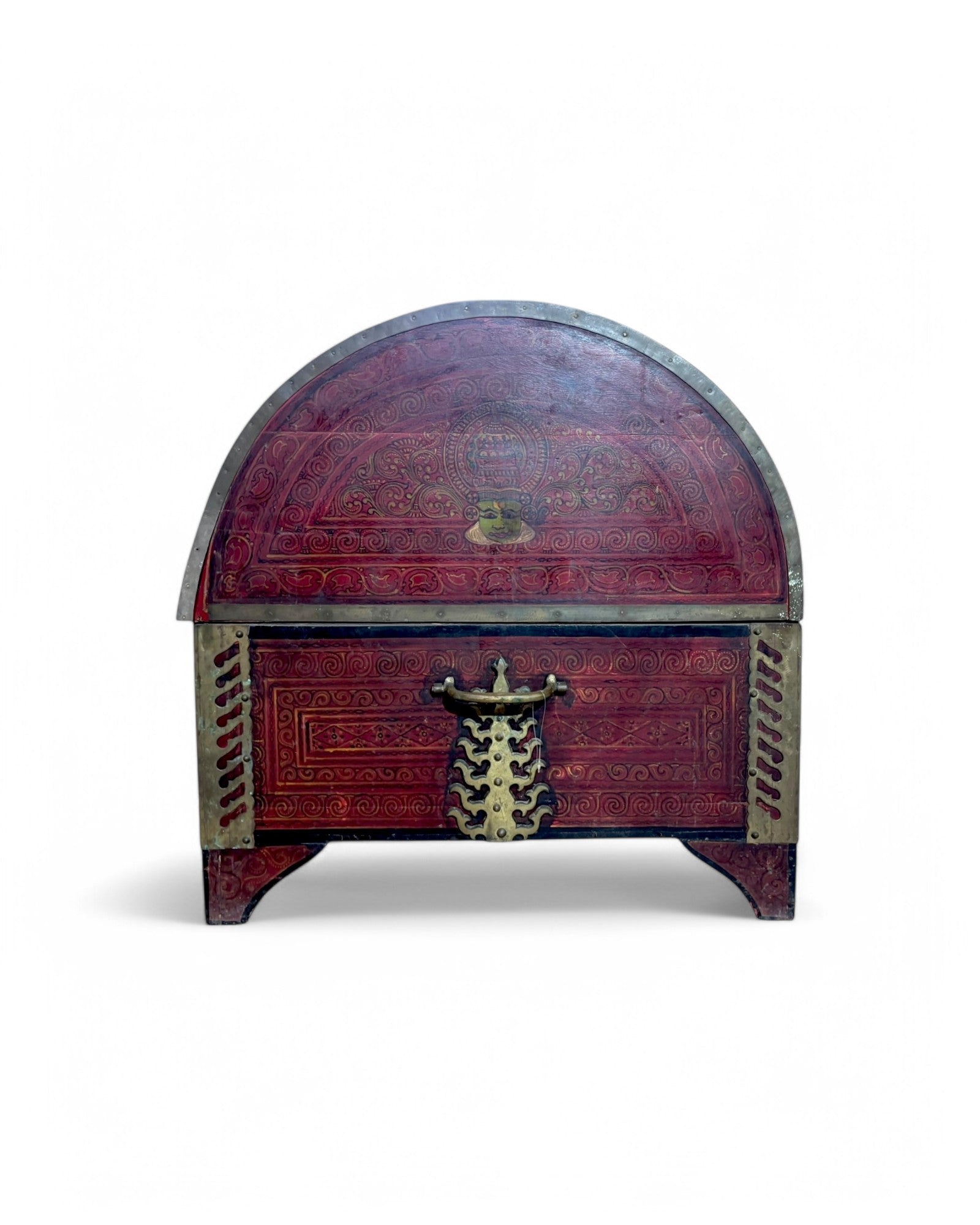 Maroon Indian Ornate Hand Painted Steamer Teak Trunk
