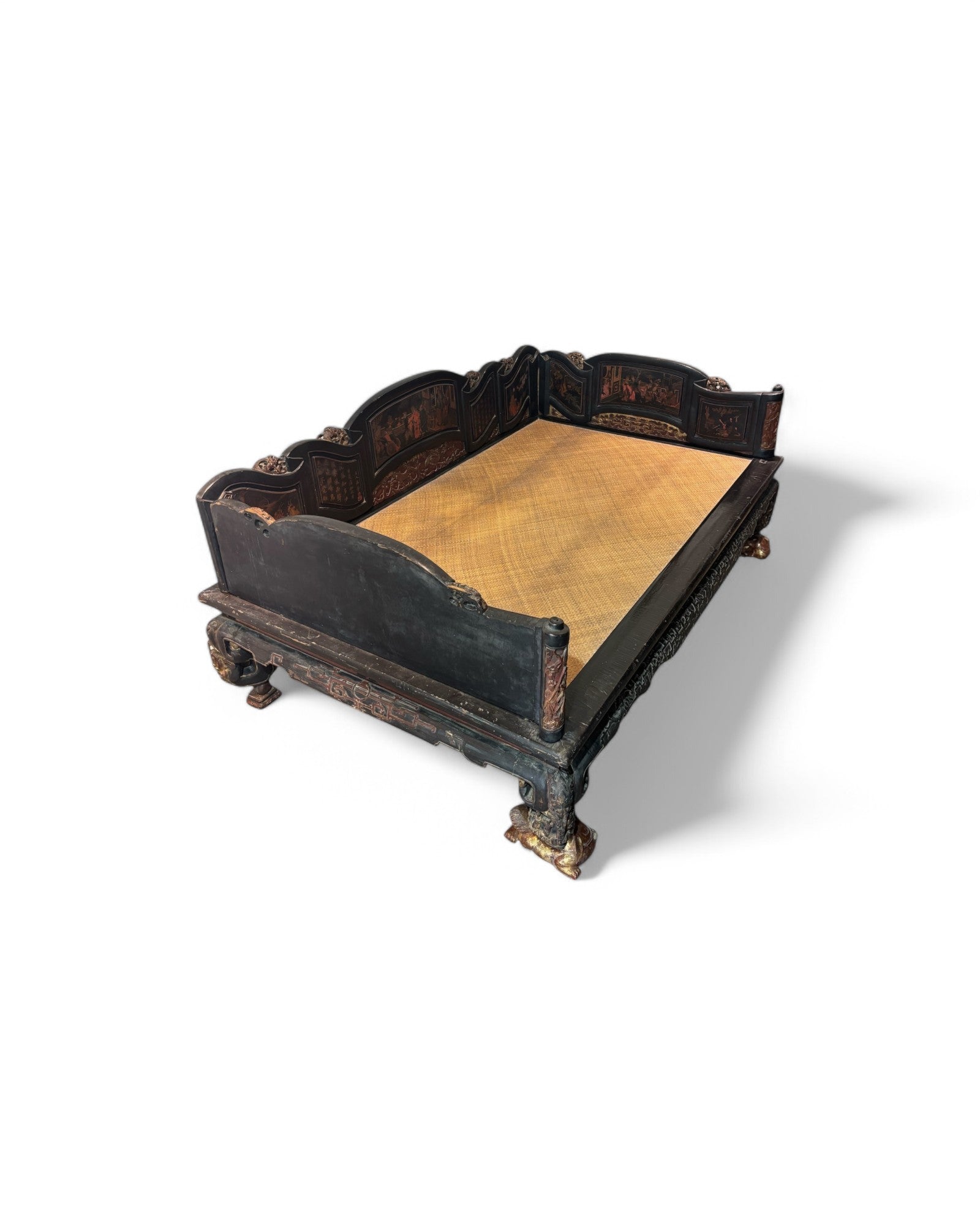 Fujian, Chazhou Black Lacquered Carved Lohan Daybed with Detailed Scenic Paintings